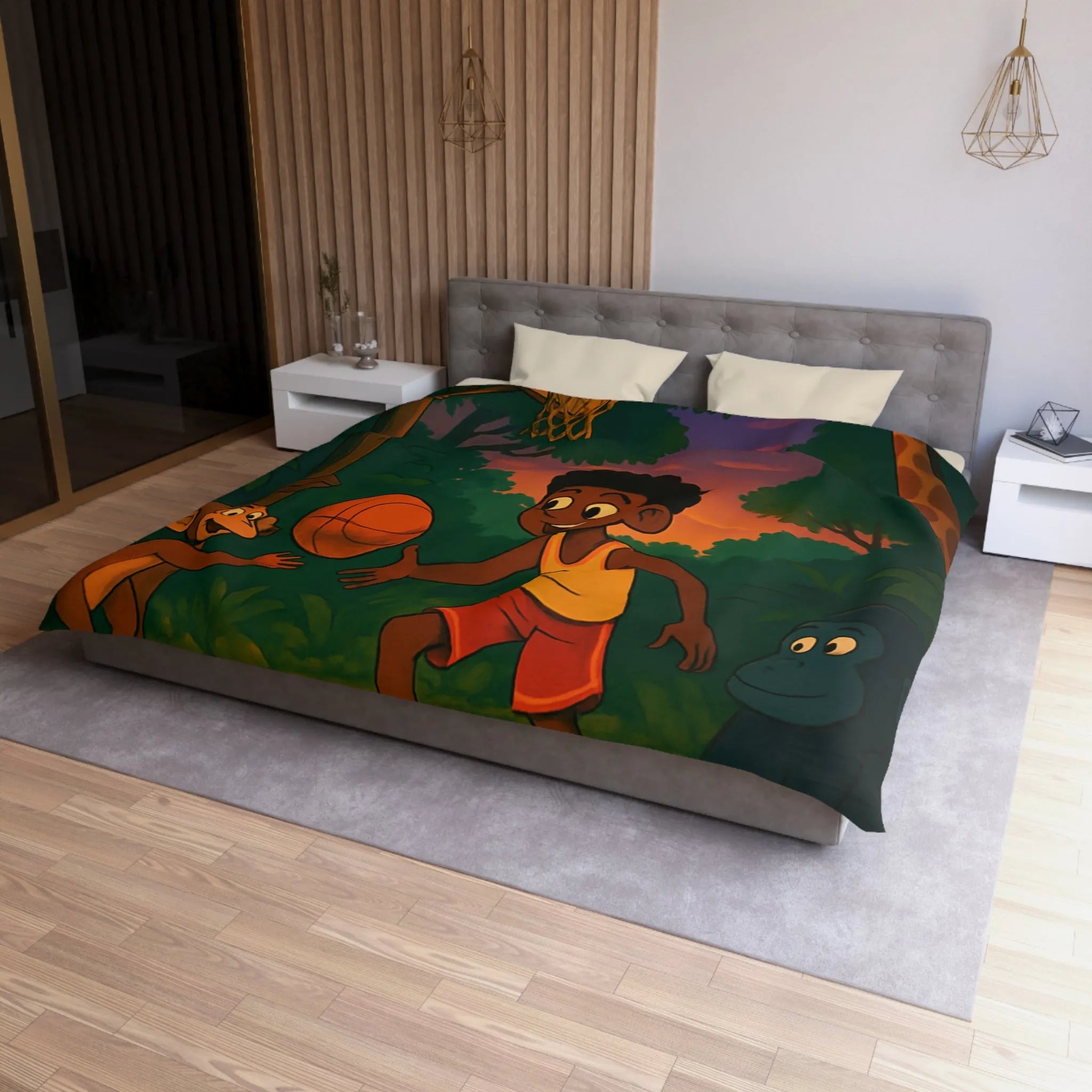 Housse de couette enfant jungle colorée avec garçon jouant au basket et animaux amusants