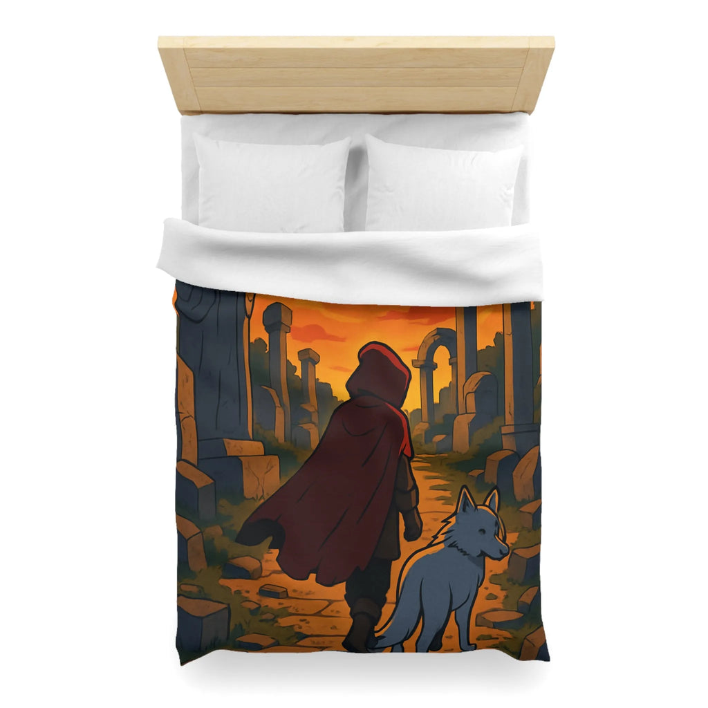 Housse de Couette Enfant Rouge et Blanc, Chemin Énigmatique du Crépuscule, Statue Mystérieuse