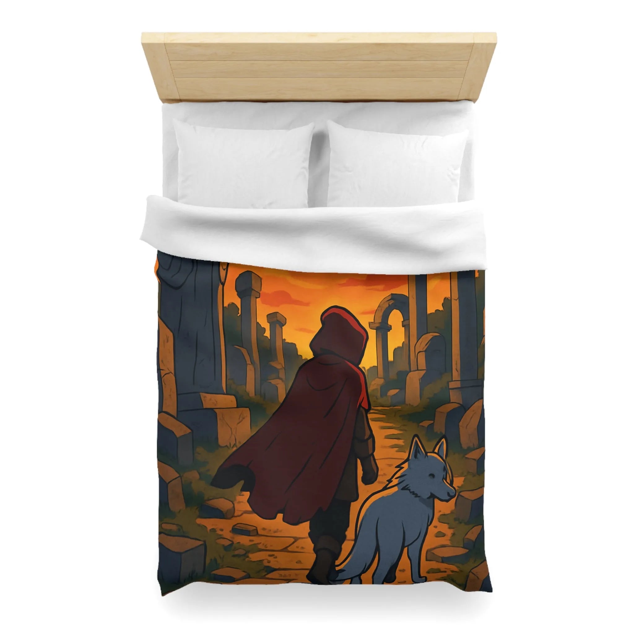 Housse de Couette Enfant Rouge et Blanc, Chemin Énigmatique du Crépuscule, Statue Mystérieuse