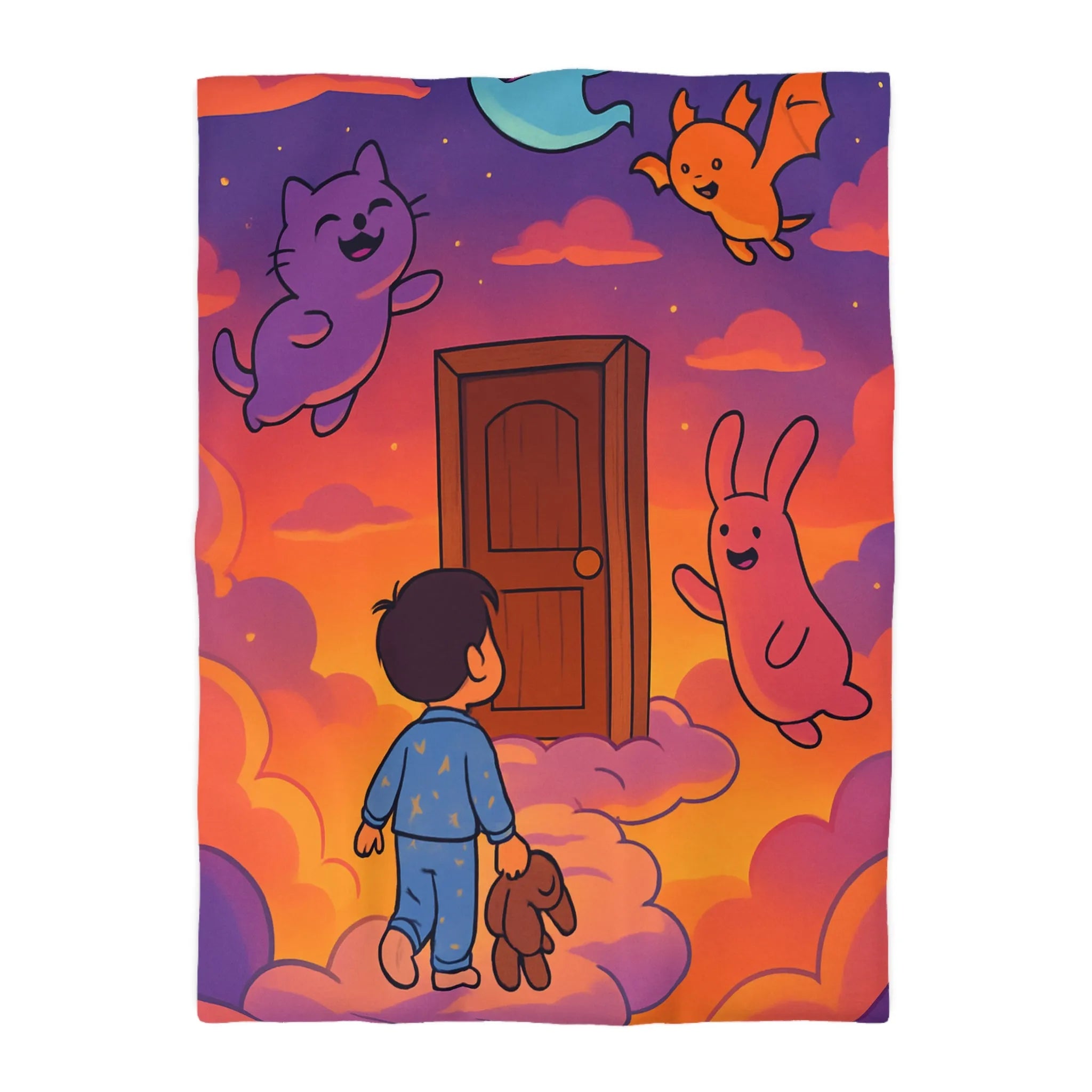 Housse de couette enfants : rêves colorés avec nuages et créatures magiques amusantes