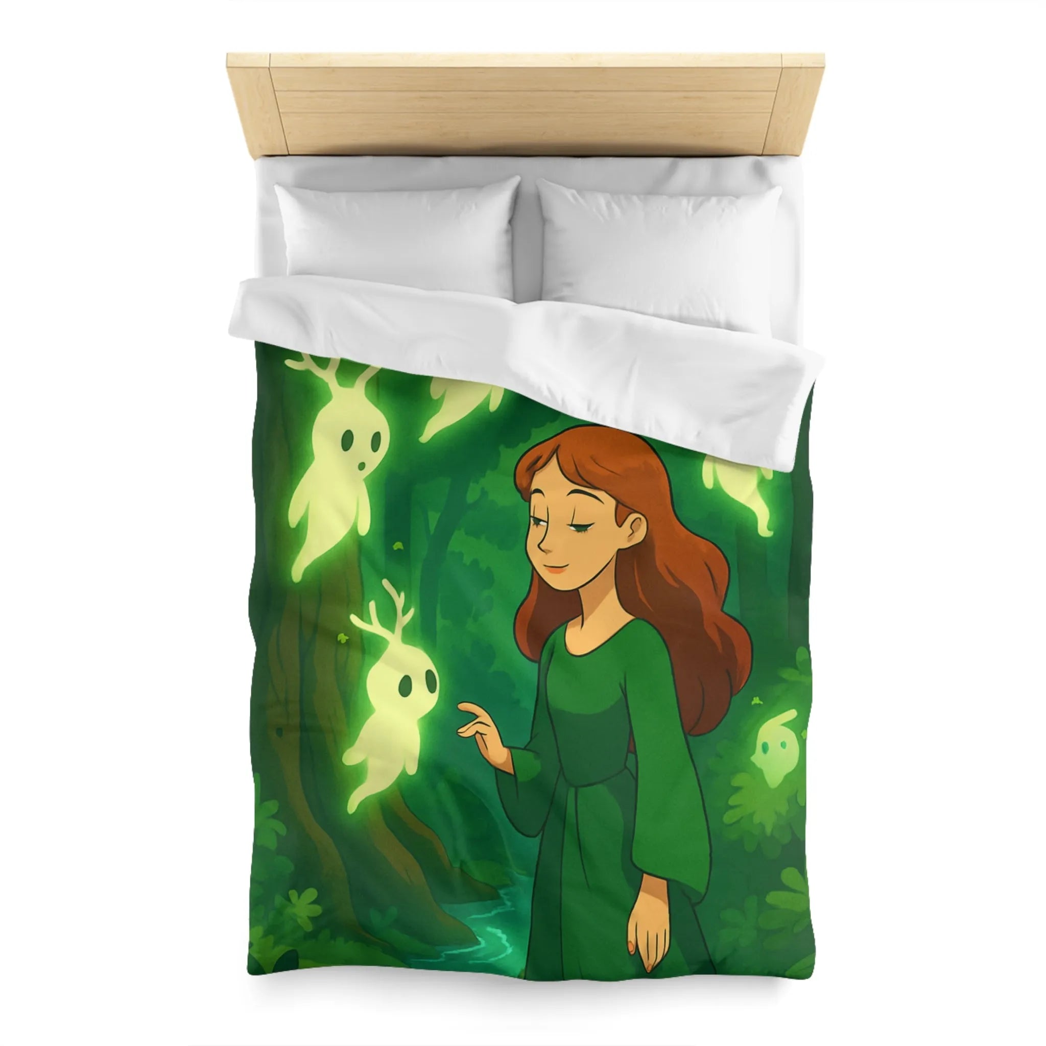 Housse de couette enchantée avec esprits lumineux dans une forêt mystérieuse et verdoyante