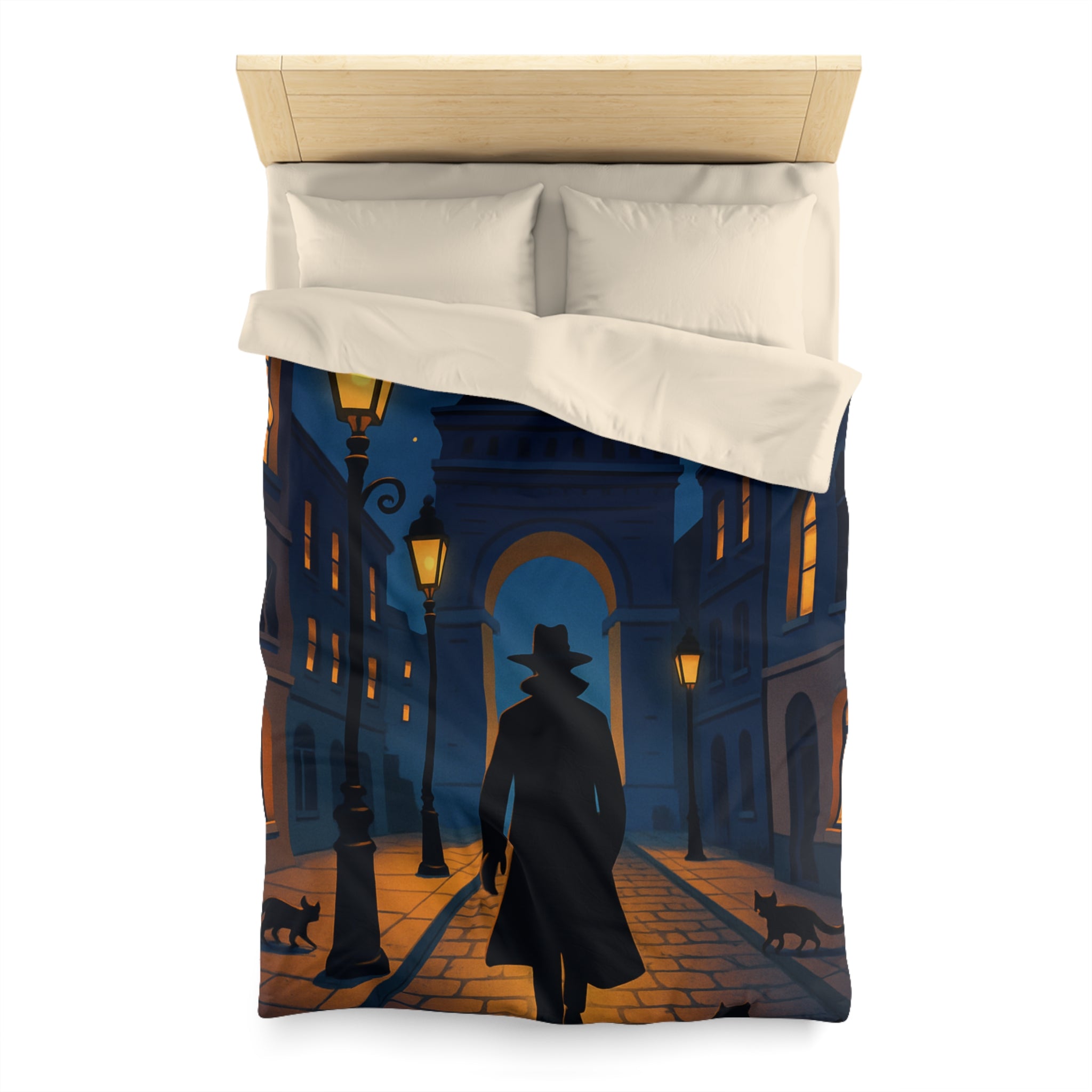 Housse de couette noire mystérieuse, silhouette d'homme avec chats et lampadaires nocturnes