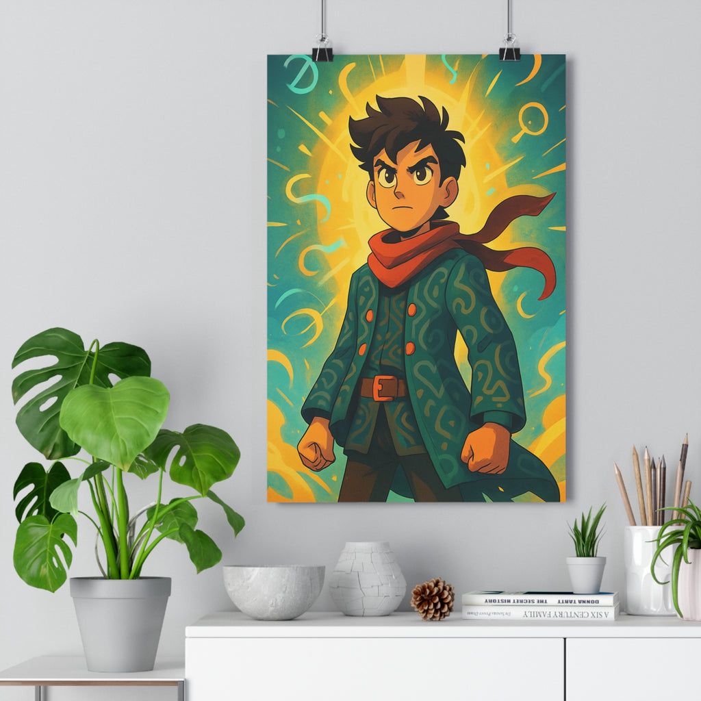 Poster décoratif aventure dynamique jaune bleu enfant moderne ambiance énergique personnage lumineux déterminé chambre