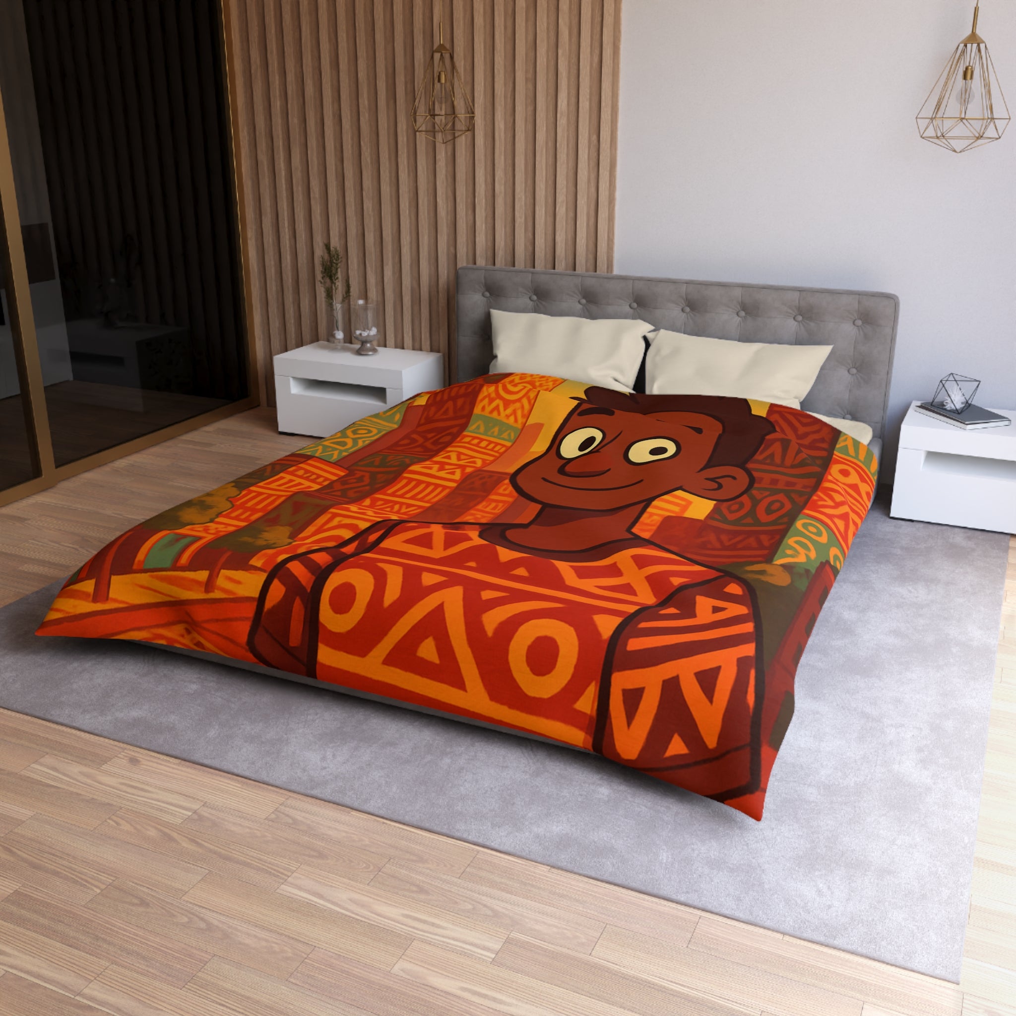 Housse de Couette Personnage Souriant avec Motifs Géométriques et Gratte-Ciel Colorés