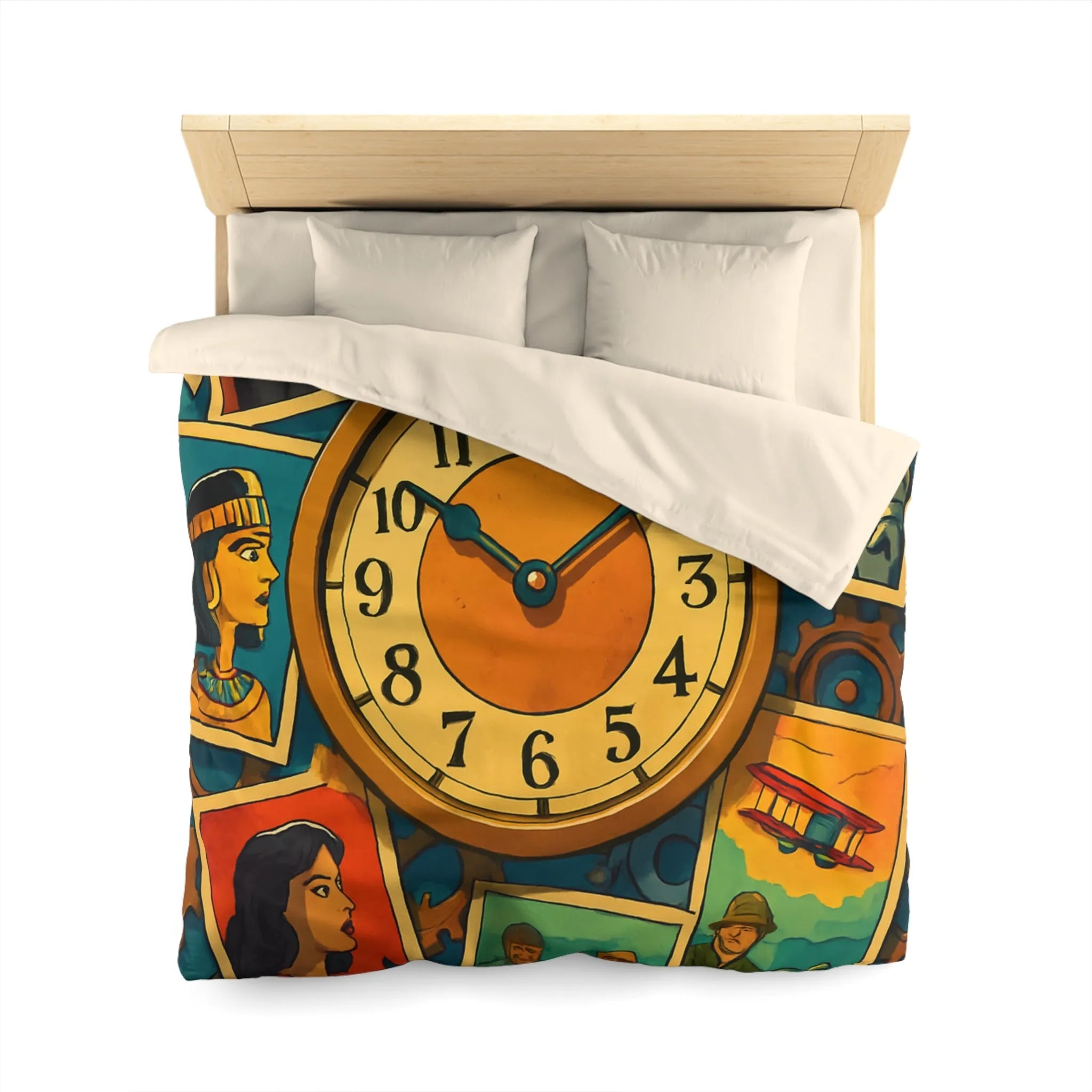 Housse de couette illustrant l'histoire colorée avec des figures emblématiques du temps et de l'espace