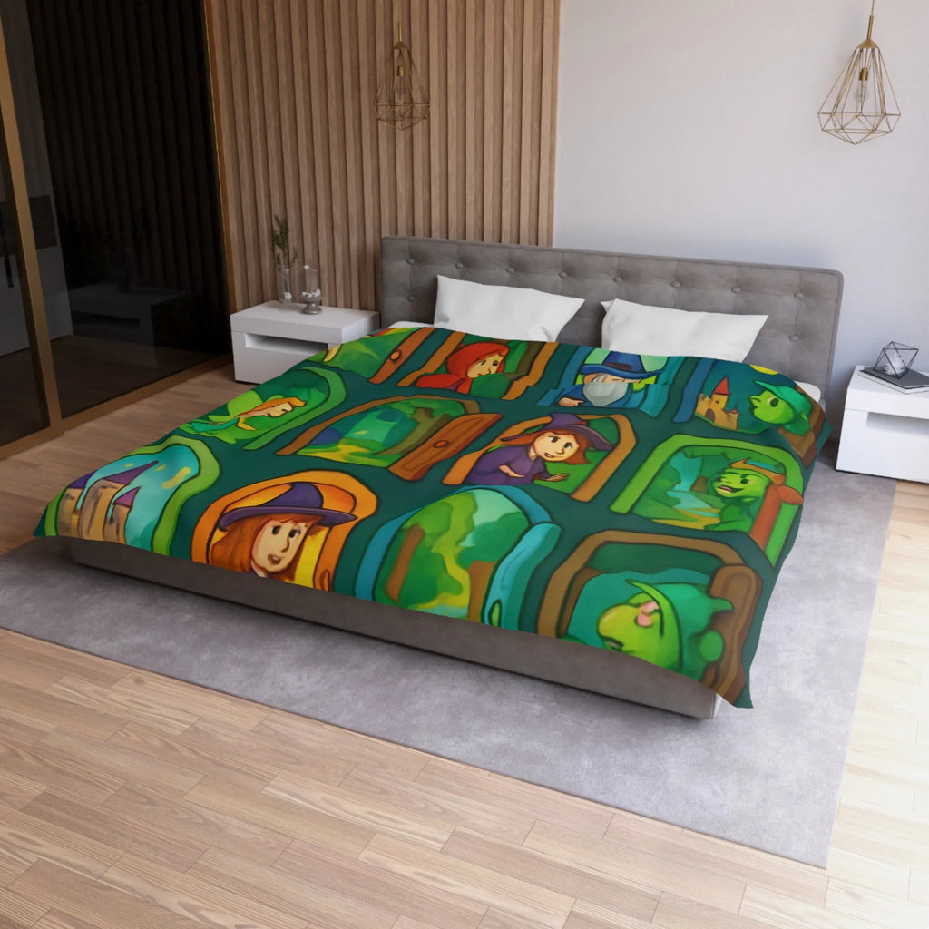 Enchantement magique avec motifs de sorcières, chevaux, et châteaux sur housse de couette