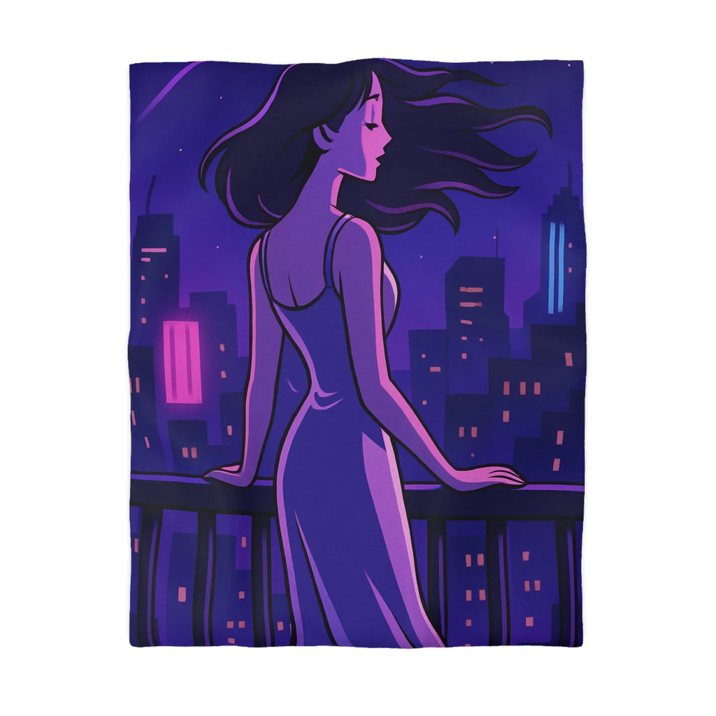 Housse de couette avec femme contemplant ville nocturne éclairée, style rétro futuriste animé