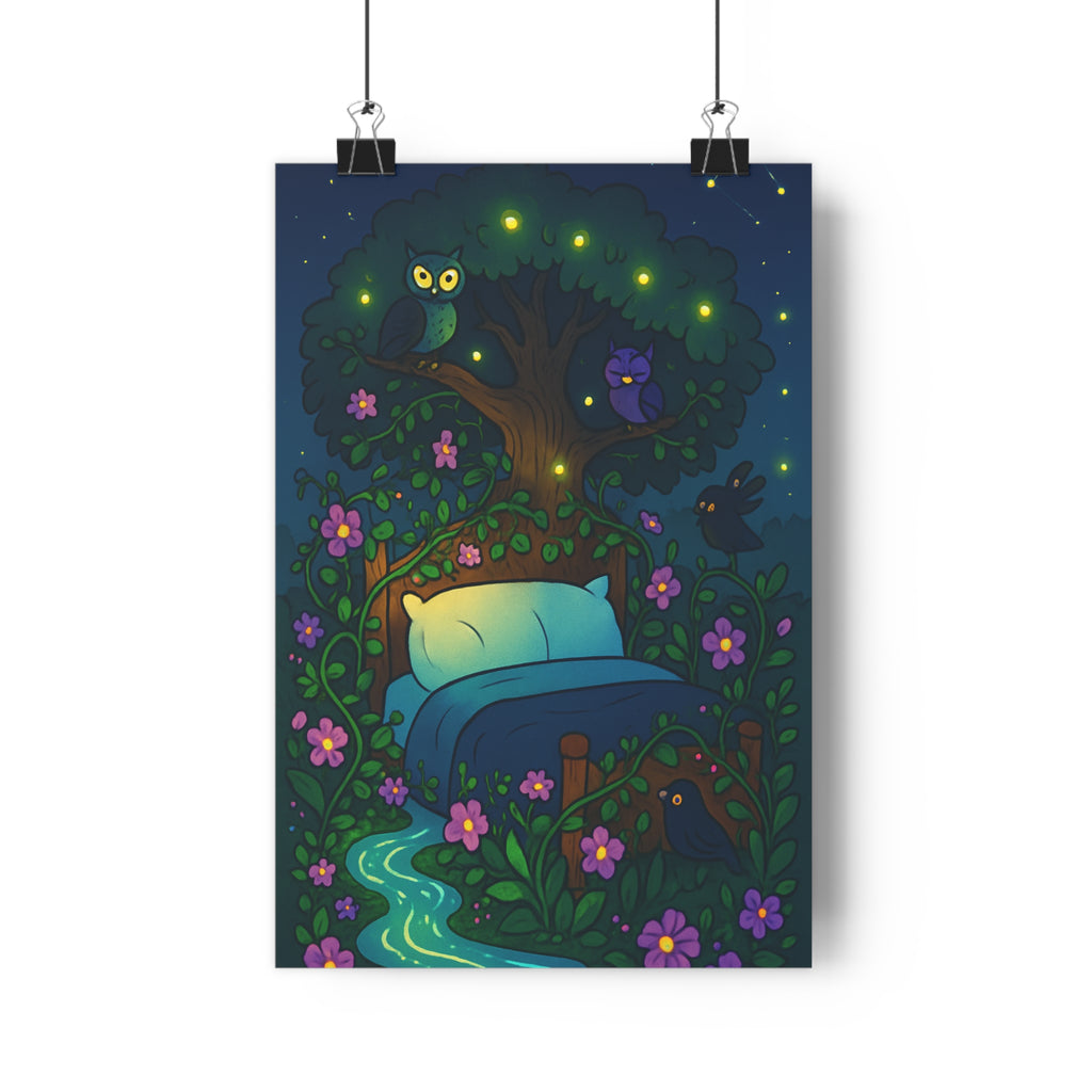 Poster décoratif mystique violet nature cartoon chambre détente magique hiboux arbre lucioles lumineux 30x46