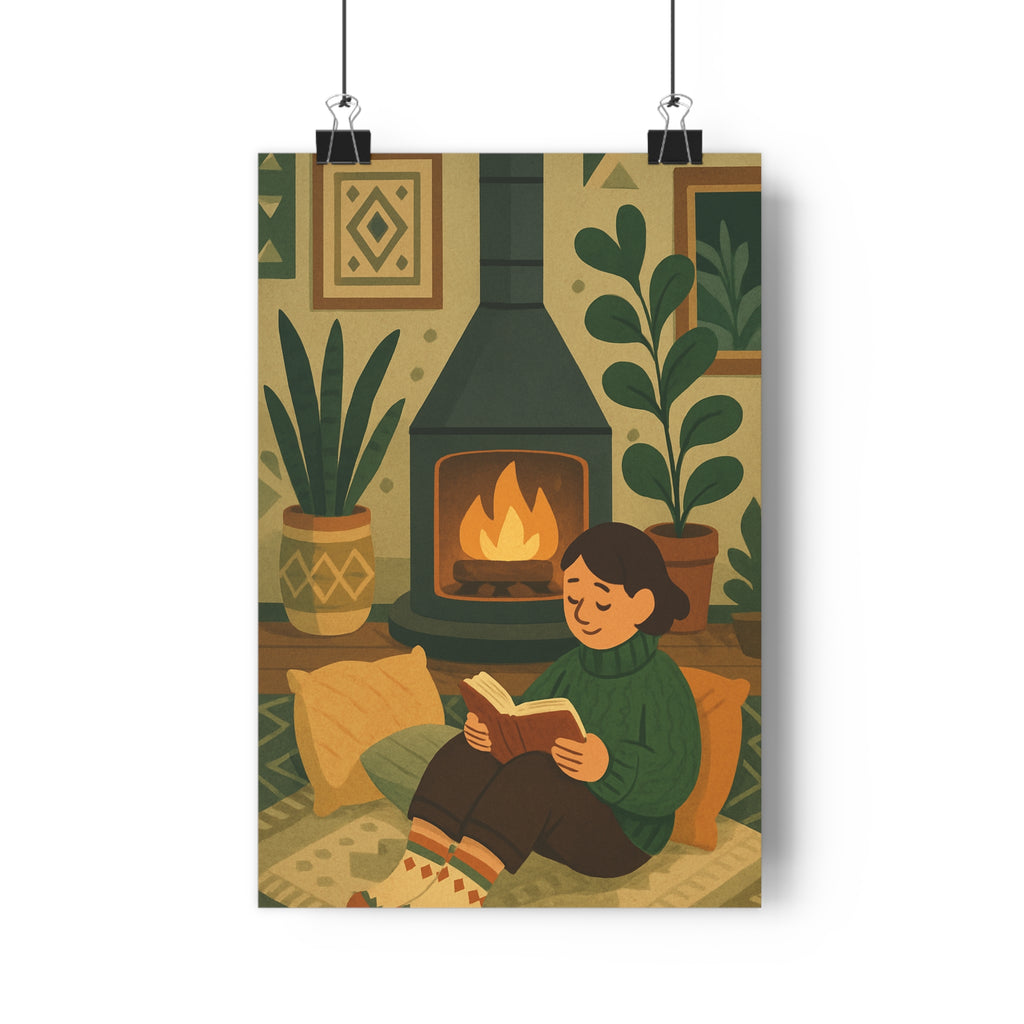 Poster décoratif scandinave vert beige brun cosy salon chambre dessin animé chaleureux apaisant élégant