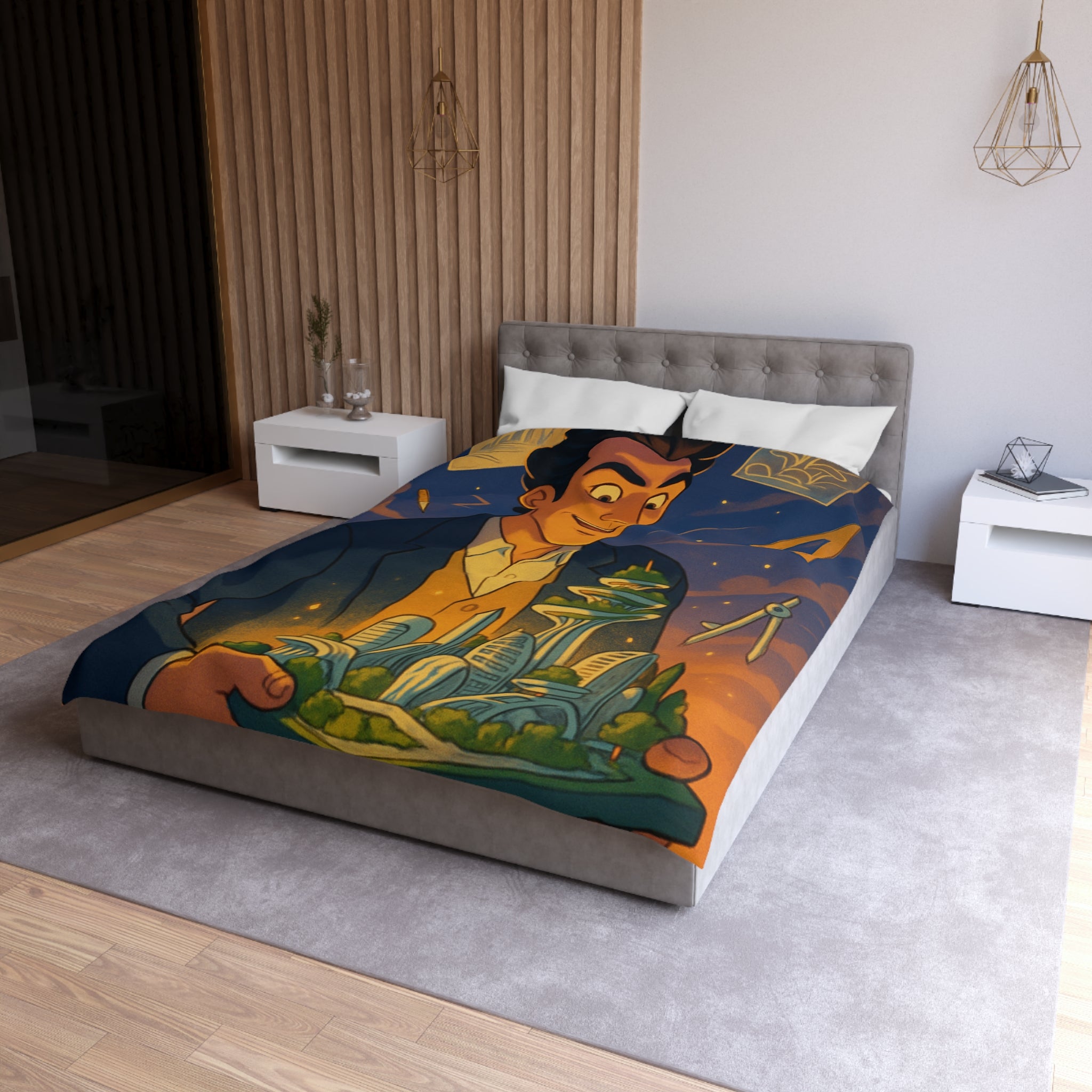 Housse de couette urbaine avec design futuriste, ambiance artistique et couleurs somptueuses