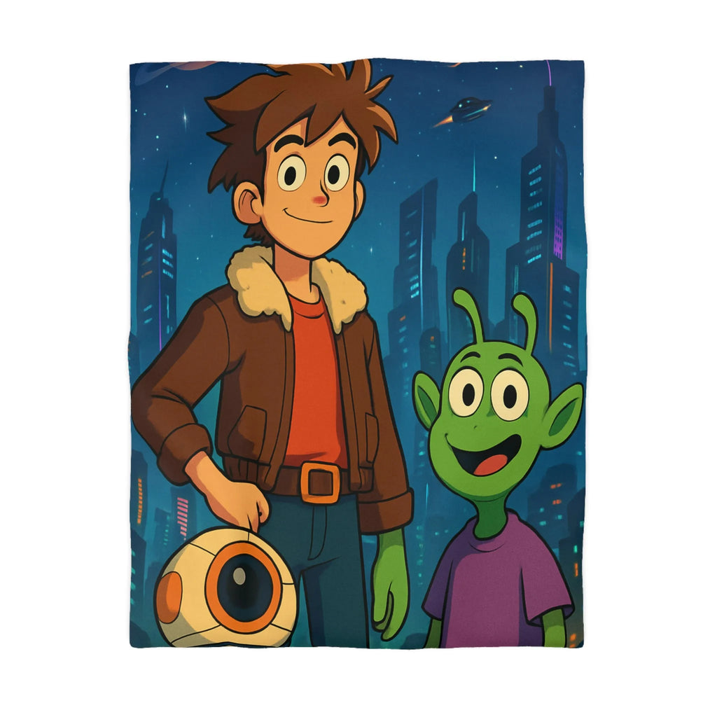 Housse de Couette Colorée avec Enfant et Alien, Aventures dans la Ville Futuriste