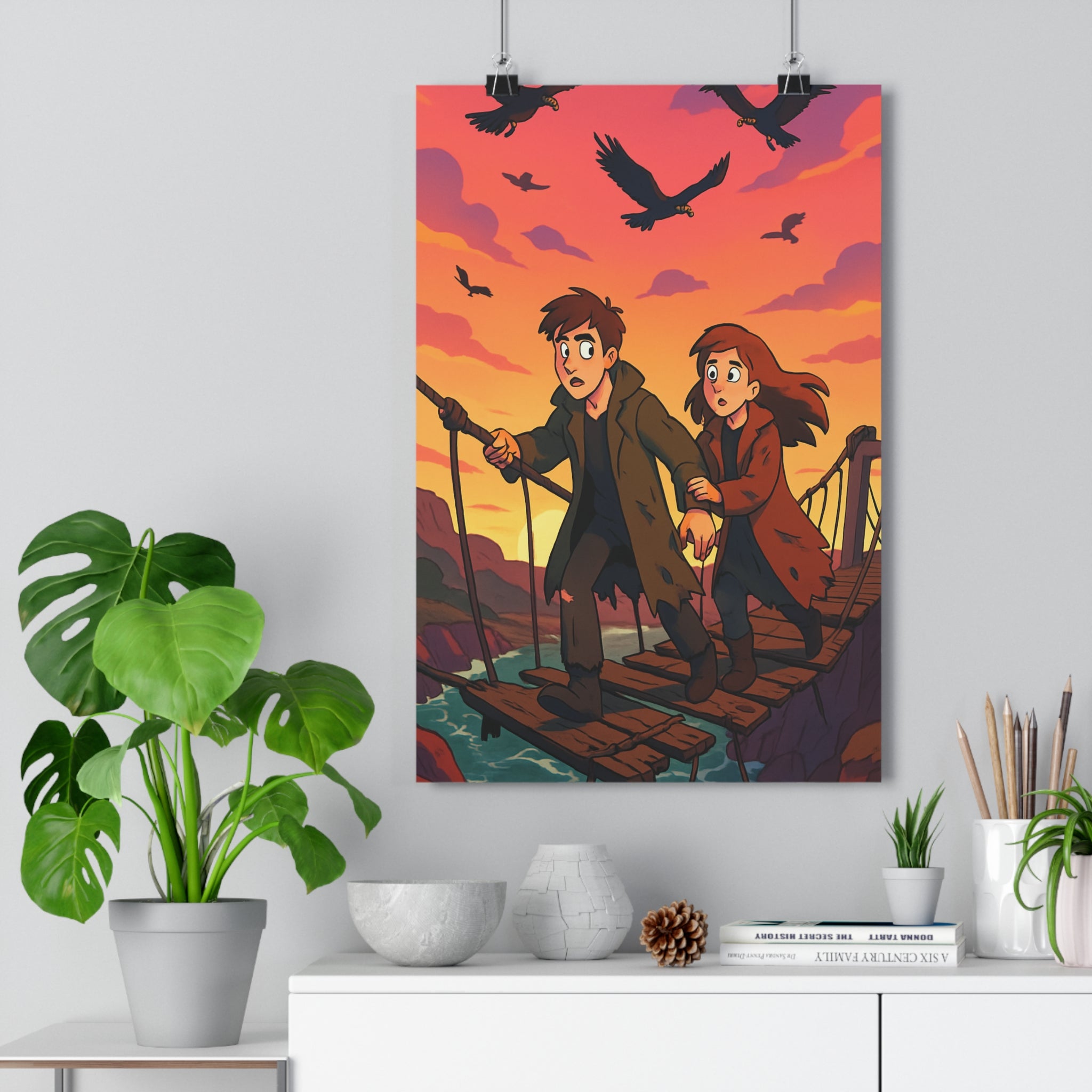 Poster décoratif anime coucher soleil vibrant aventure dramatique salon chambre contemporain captivant qualité premium