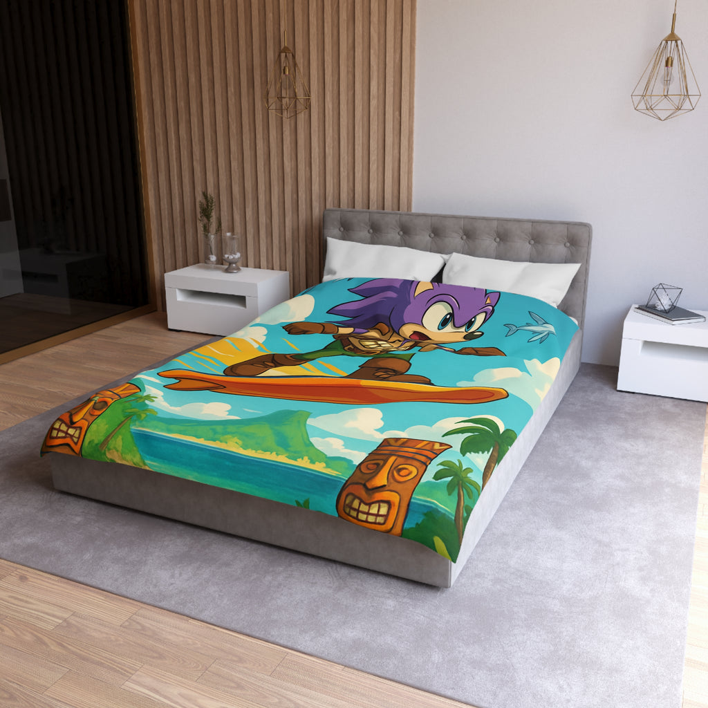 Housse de couette vibrante avec héros aventureux sur plage tropicale paradisiaque