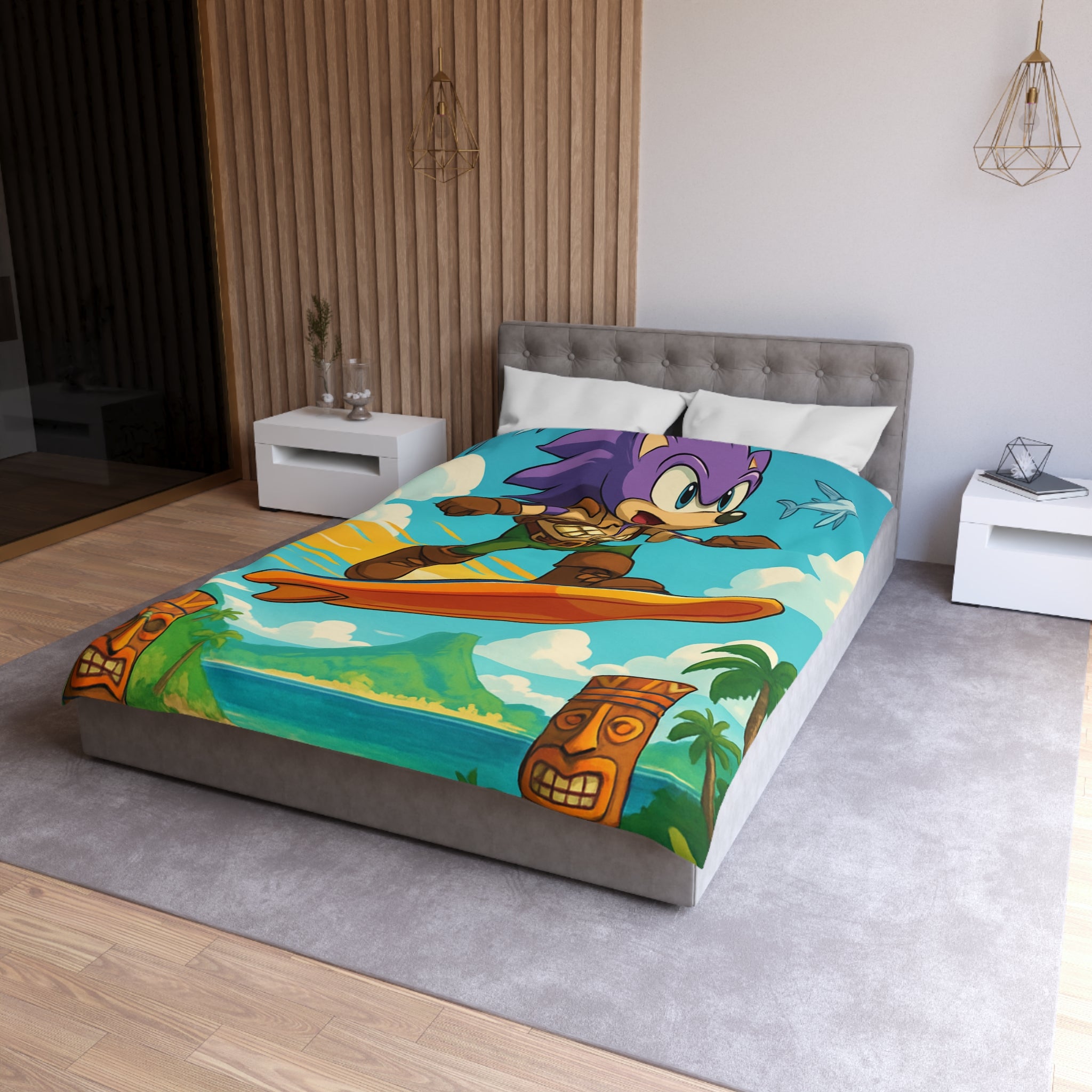 Housse de couette vibrante avec héros aventureux sur plage tropicale paradisiaque