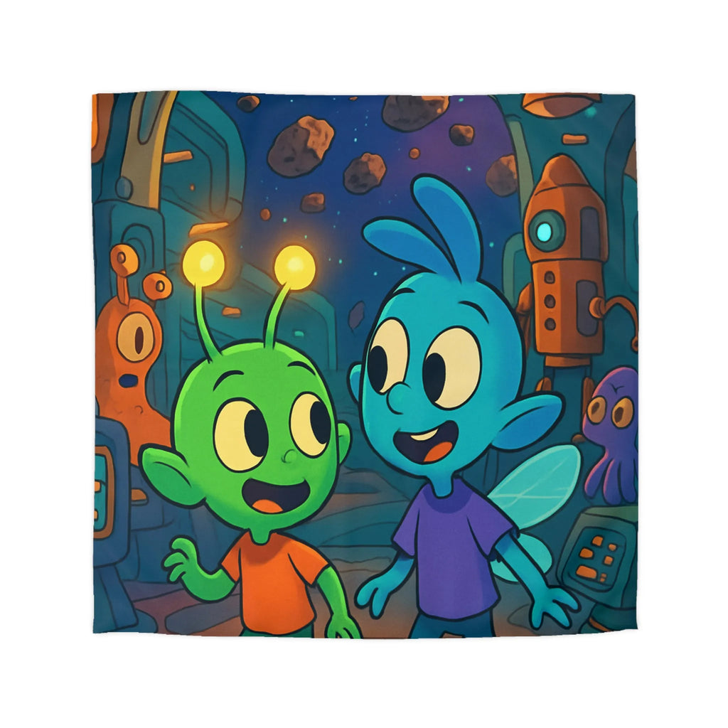 Housse de couette enfant extraterrestre bleu et vert dans vaisseau spatial coloré amusant