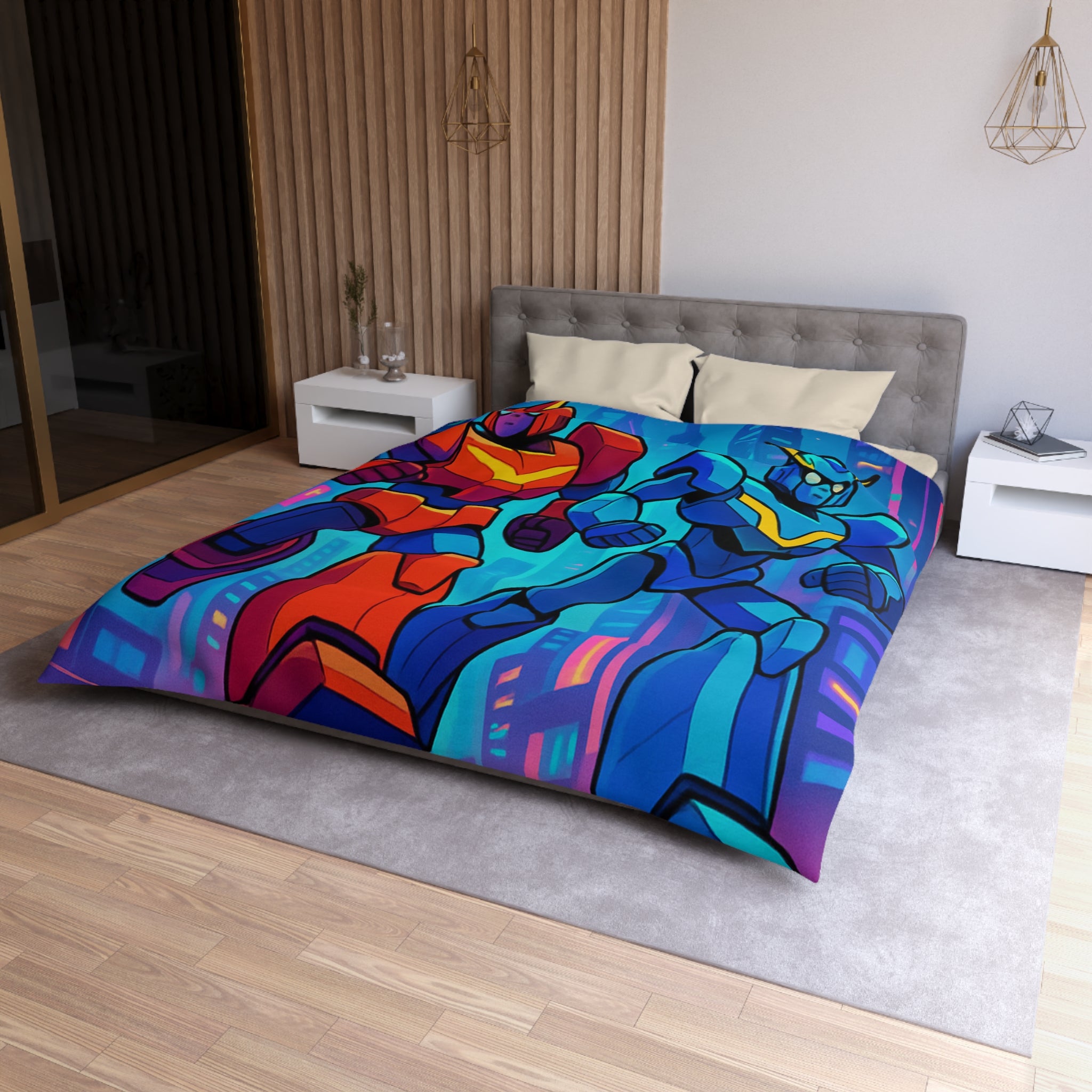 Housse de couette robot futuriste colorée, style rétro avec ambiance urbaine dynamique