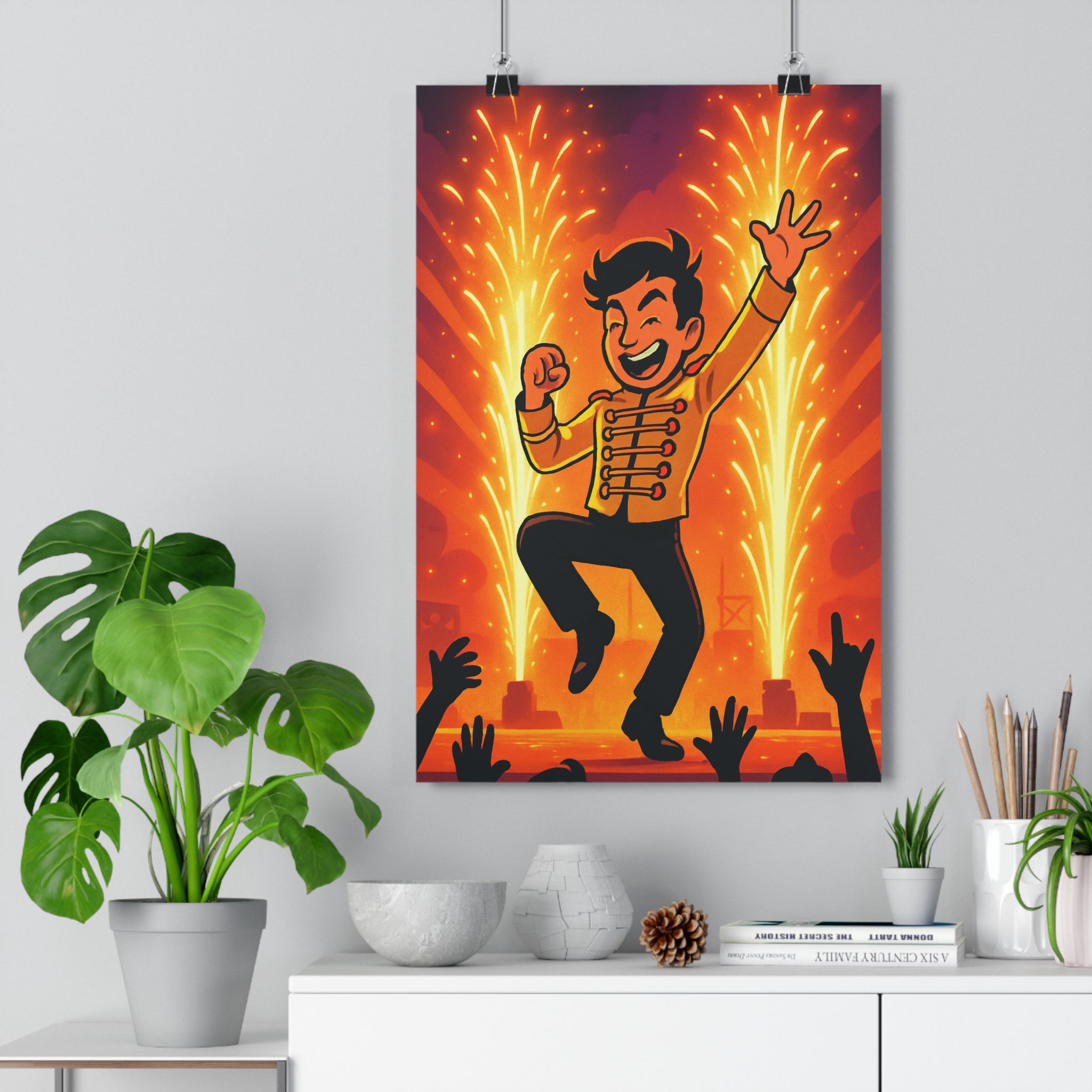 Poster décoratif énergique jaune orange dessin animé danse joyeux salon chambre moderne vibrant ambiance