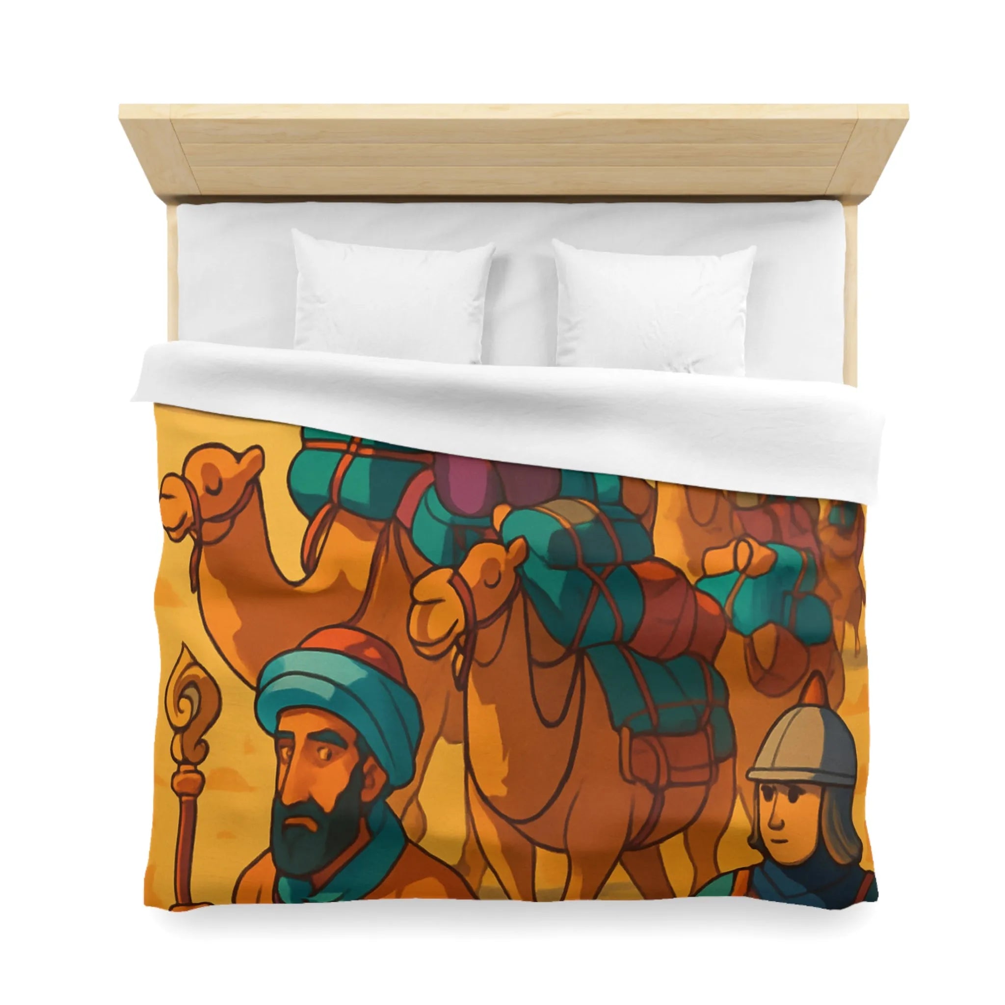 Housse de couette avec caravane de chameaux traversant un désert montagneux en arrière-plan