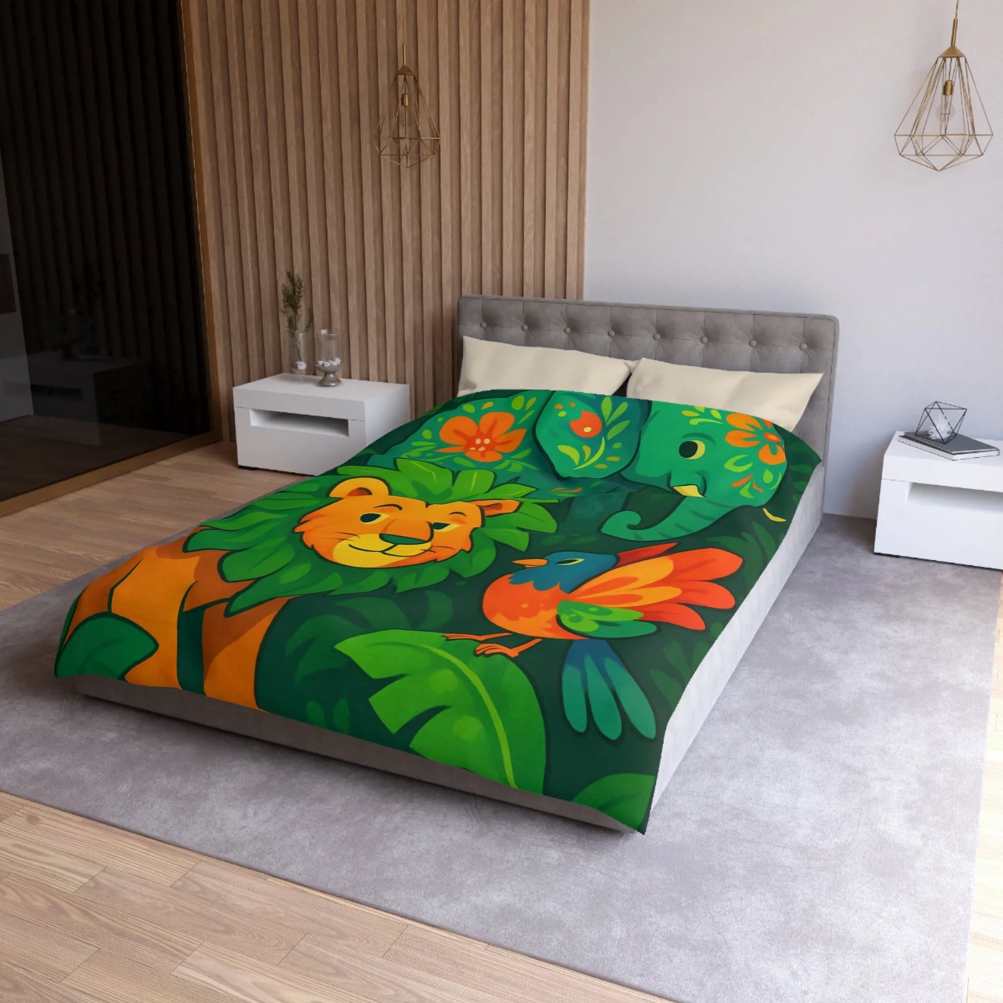 Housse de couette jungle colorée avec éléphant lion et oiseau tropical pour enfants
