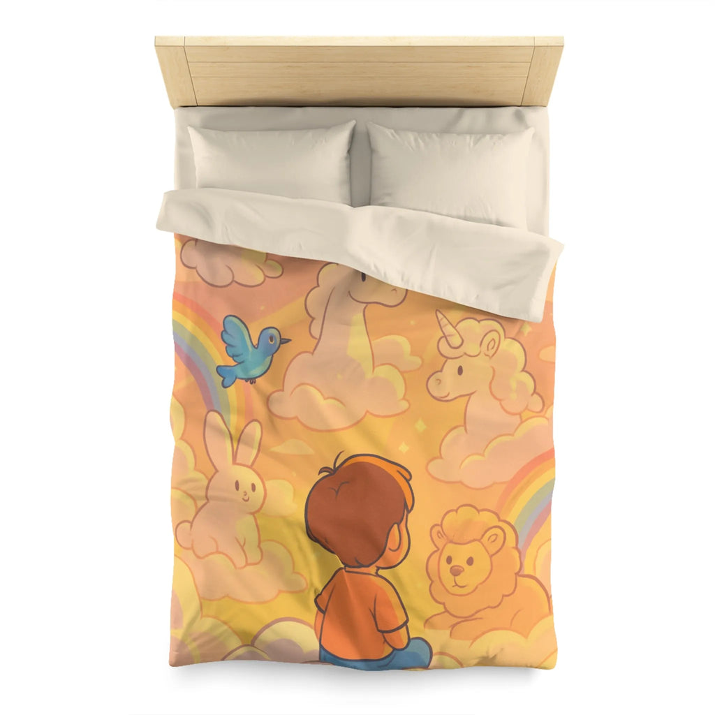 Housse de Couette Enfantine avec Licornes, Lapins et Oiseaux dans les Nuages Pastels