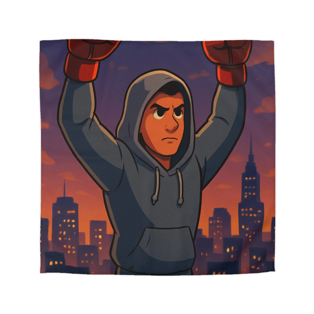 Housse de couette avec boxeur déterminé sous ciel de crépuscule en ville