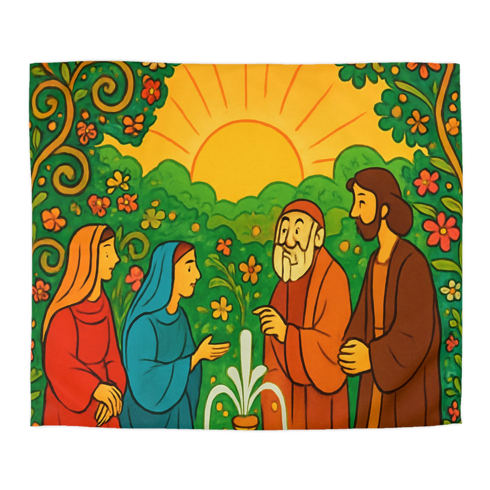 Housse de couette vibrante avec scène florale colorée et figures en discussion harmonieuse