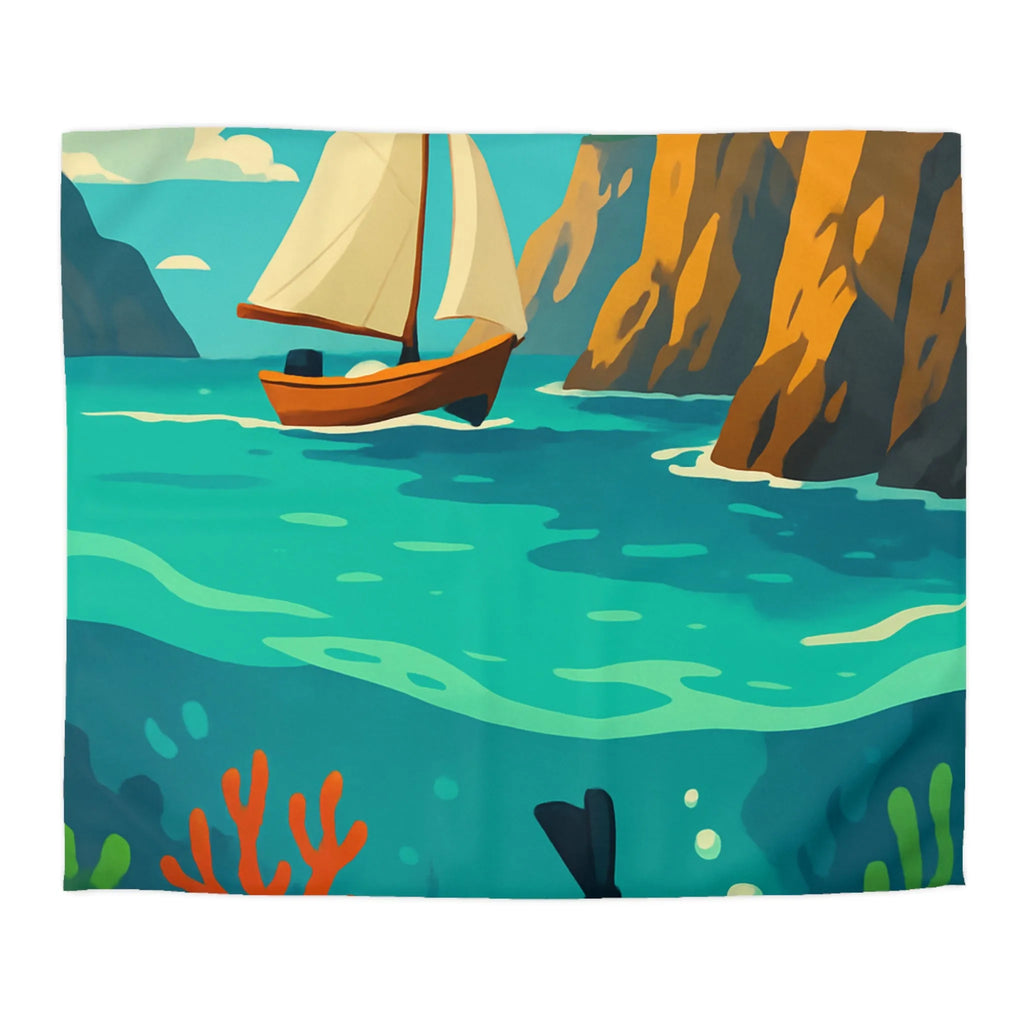 Housse de couette maritime avec plongée, voilier, falaises et récifs colorés