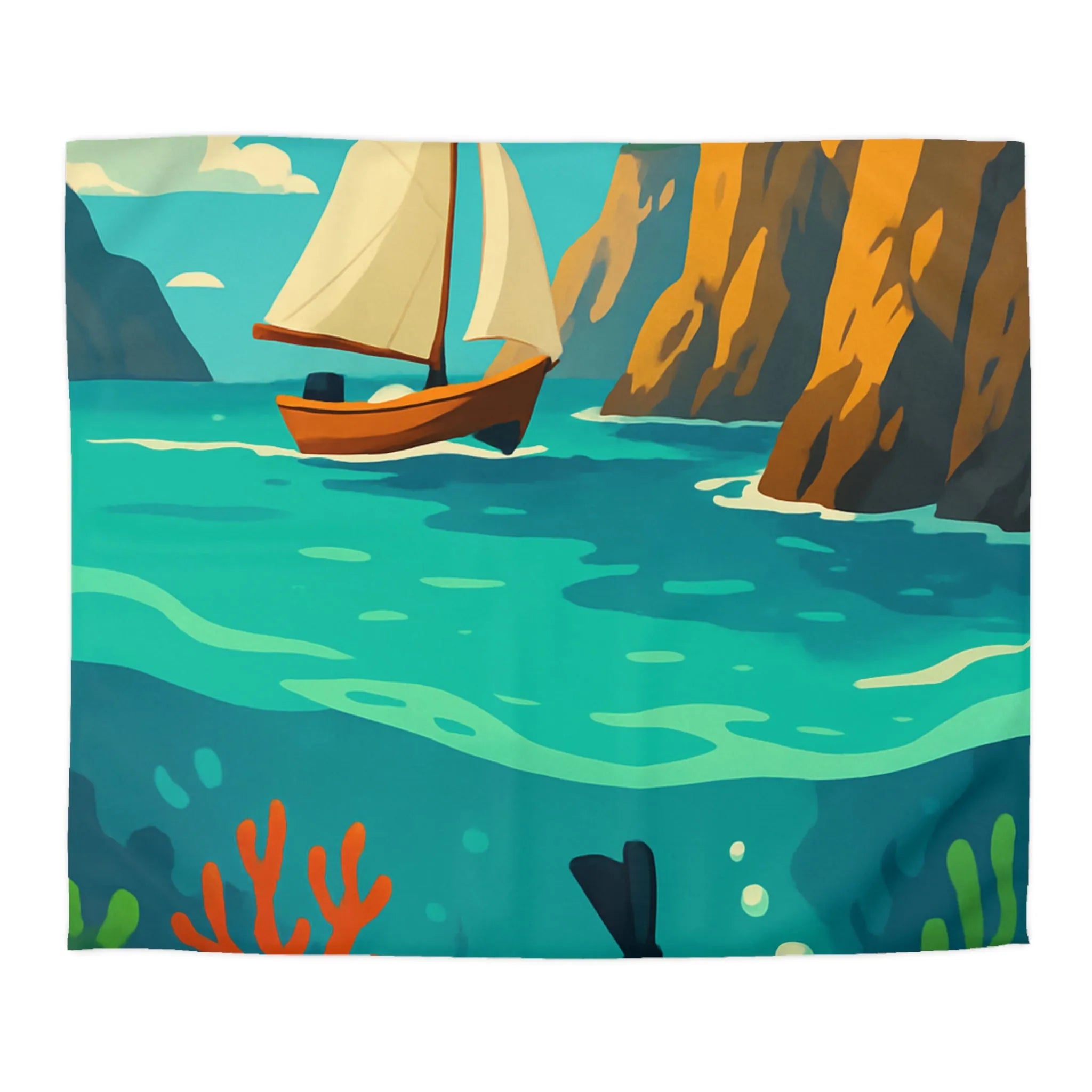 Housse de couette maritime avec plongée, voilier, falaises et récifs colorés