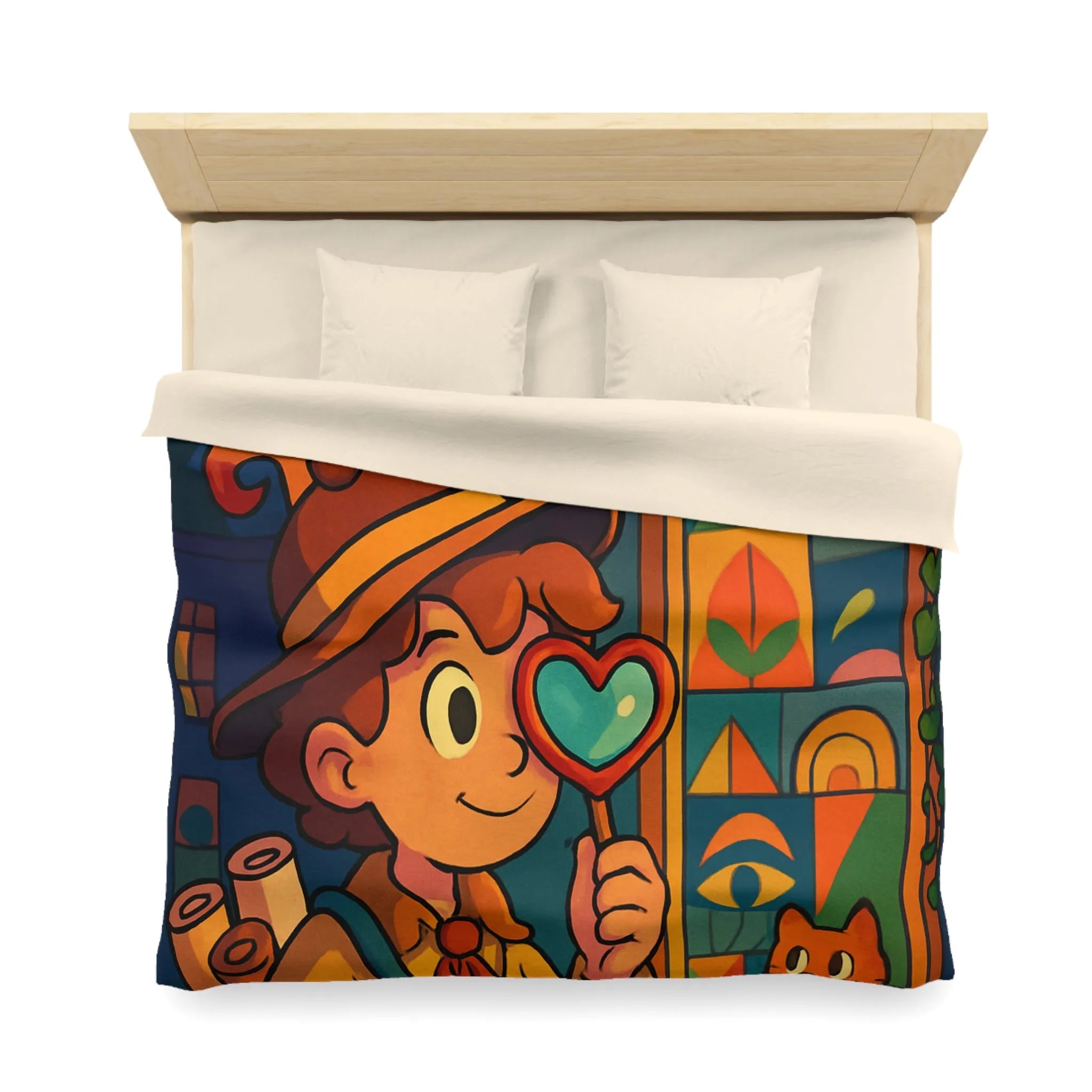 Housse de couette enfant magique avec chat mignon et motifs géométriques colorés