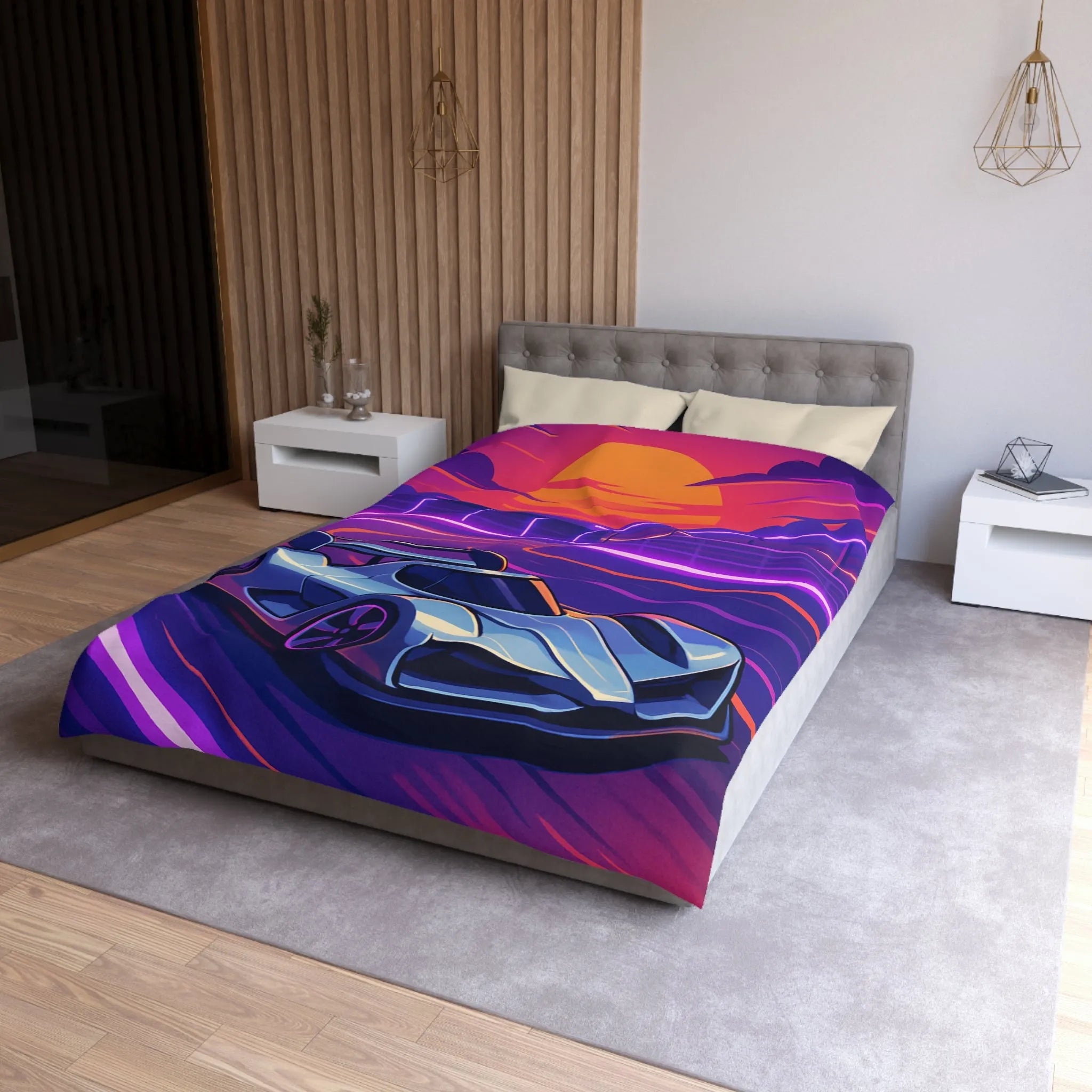 Housse de couette de voiture futuriste dérapante sur circuit éclairé au coucher du soleil