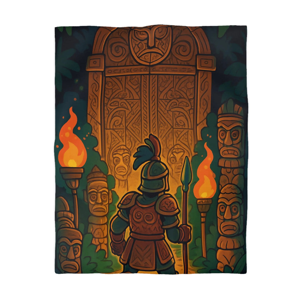 Housse de couette guerrier devant porte mystique avec torches et statues anciennes