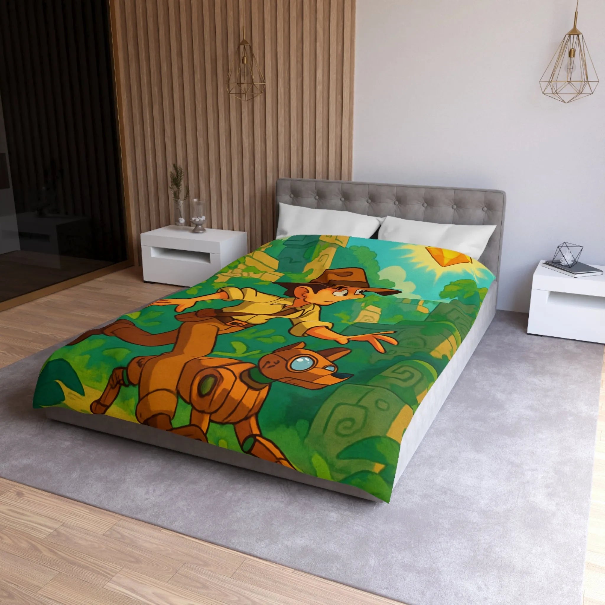 Housse de couette aventure jungle avec personnage explorateur et chien robotique animé