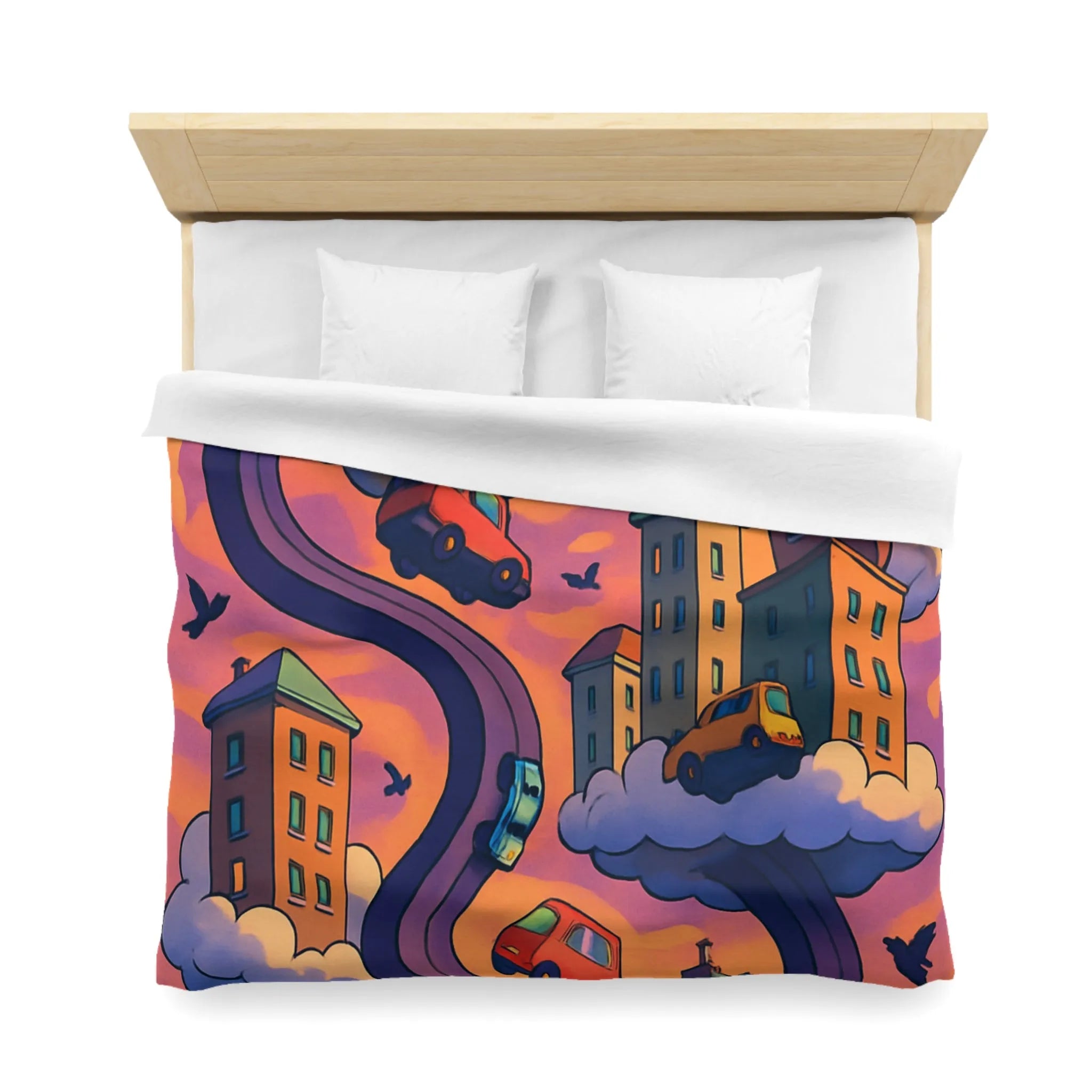 Housse de couette artistique avec voitures volantes et gratte-ciels à l'aube colorée