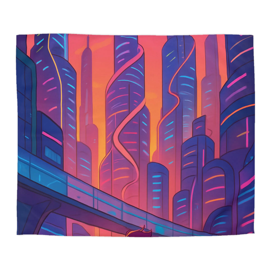 Housse de couette décor futuriste avec ville néon et gratte-ciel au coucher du soleil