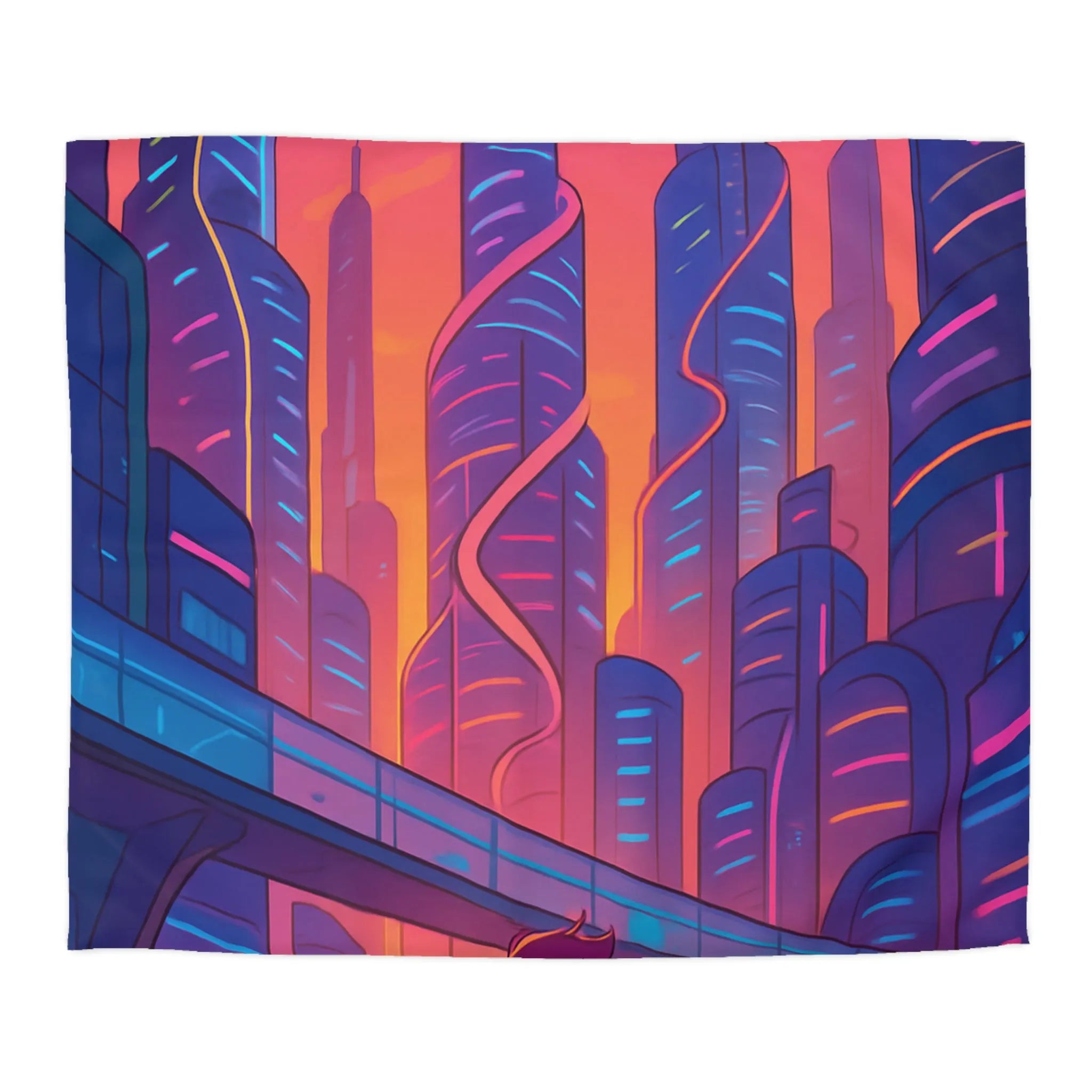 Housse de couette décor futuriste avec ville néon et gratte-ciel au coucher du soleil