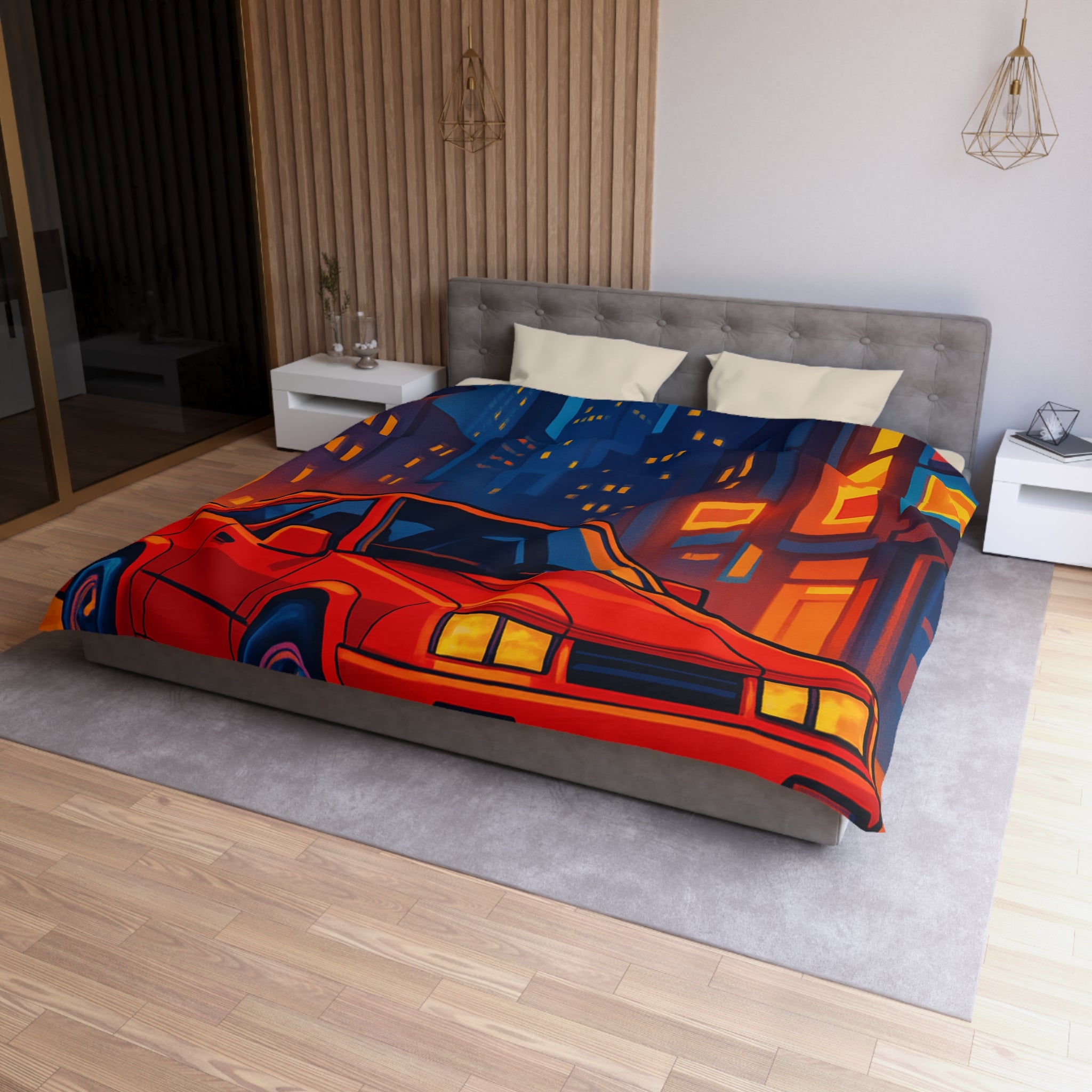 Housse de couette urbaine rétro avec voiture rouge lueur nocturne vibrante