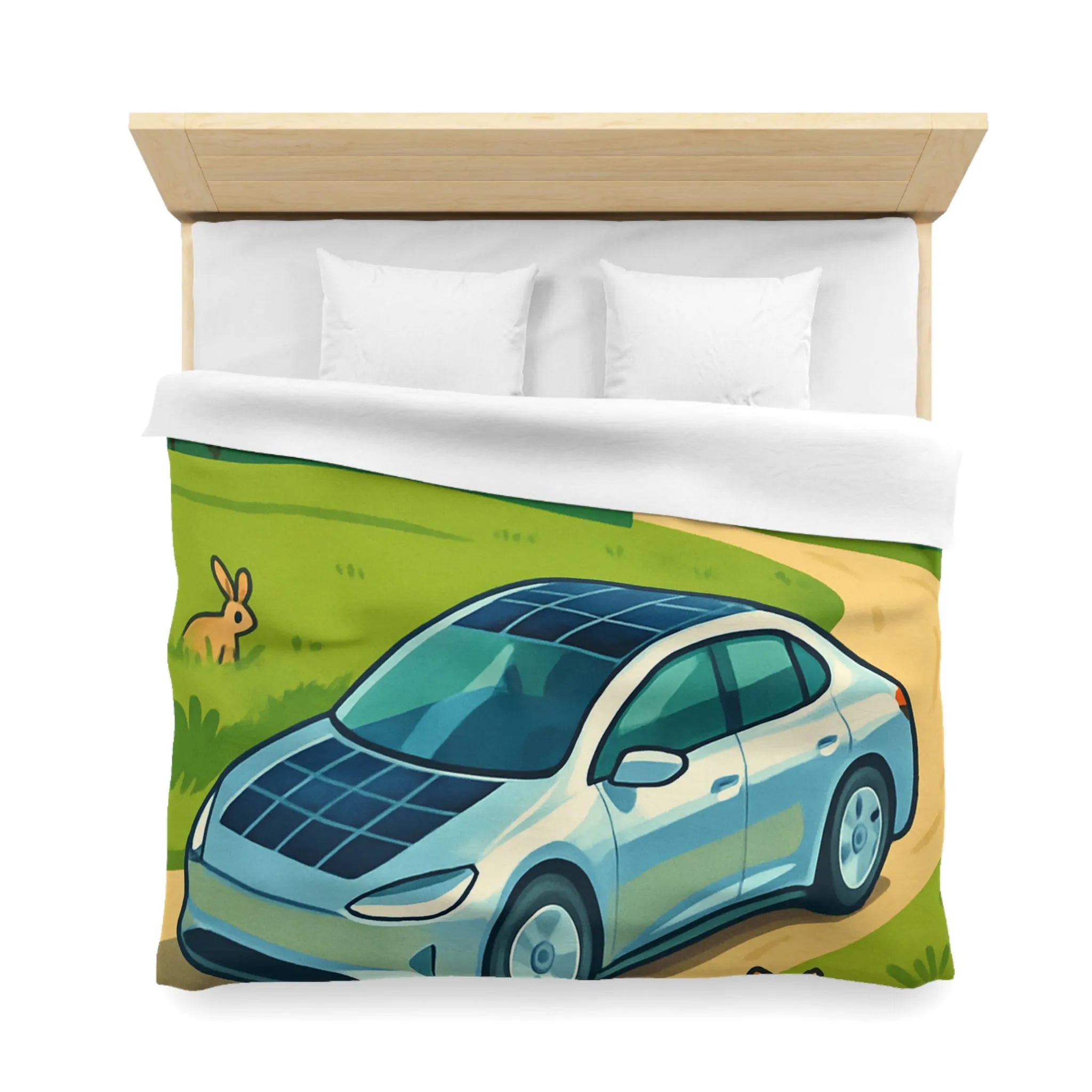 Housse de couette écologique avec voiture solaire, éoliennes et animaux dans la nature