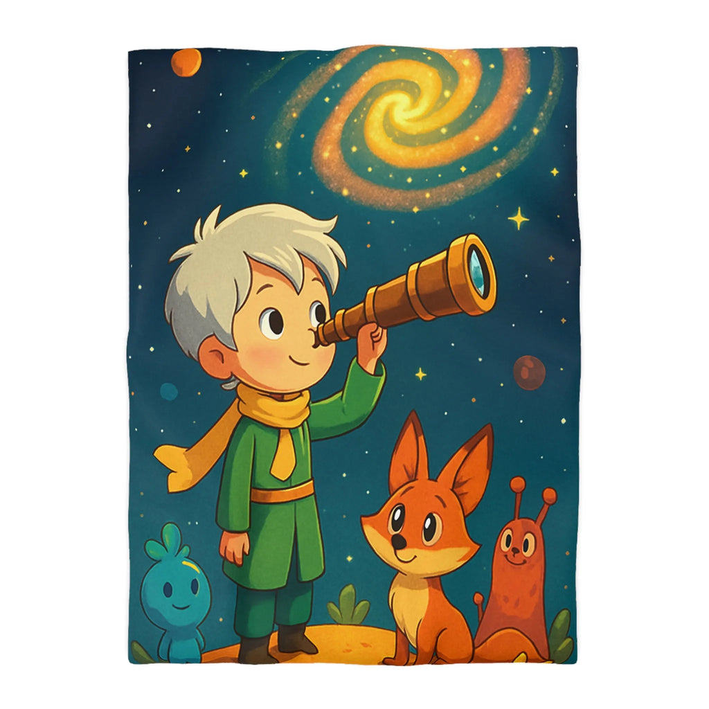 Housse de couette enfant rêveur observant les étoiles avec télescope et animaux adorables