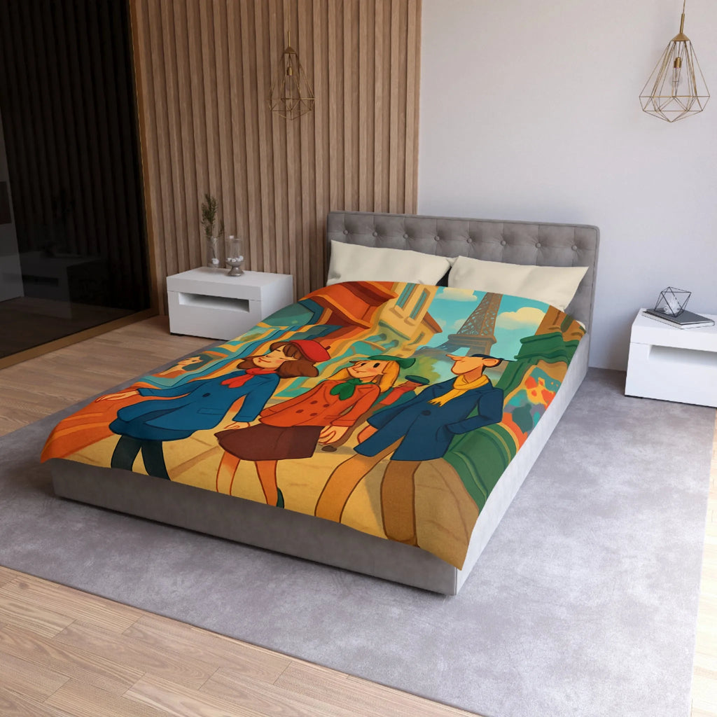 Housse de couette illustrée Paris promenade style rétro avec amis et Tour Eiffel