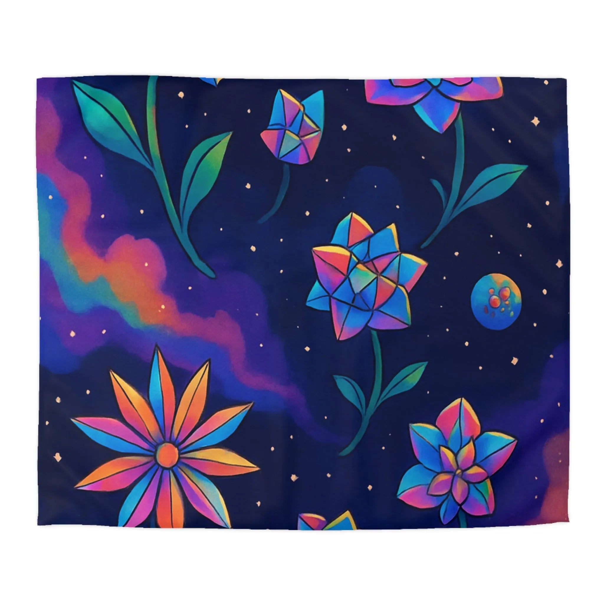 Housse de couette avec des fleurs géométriques aux couleurs cosmiques dans l'espace étoilé