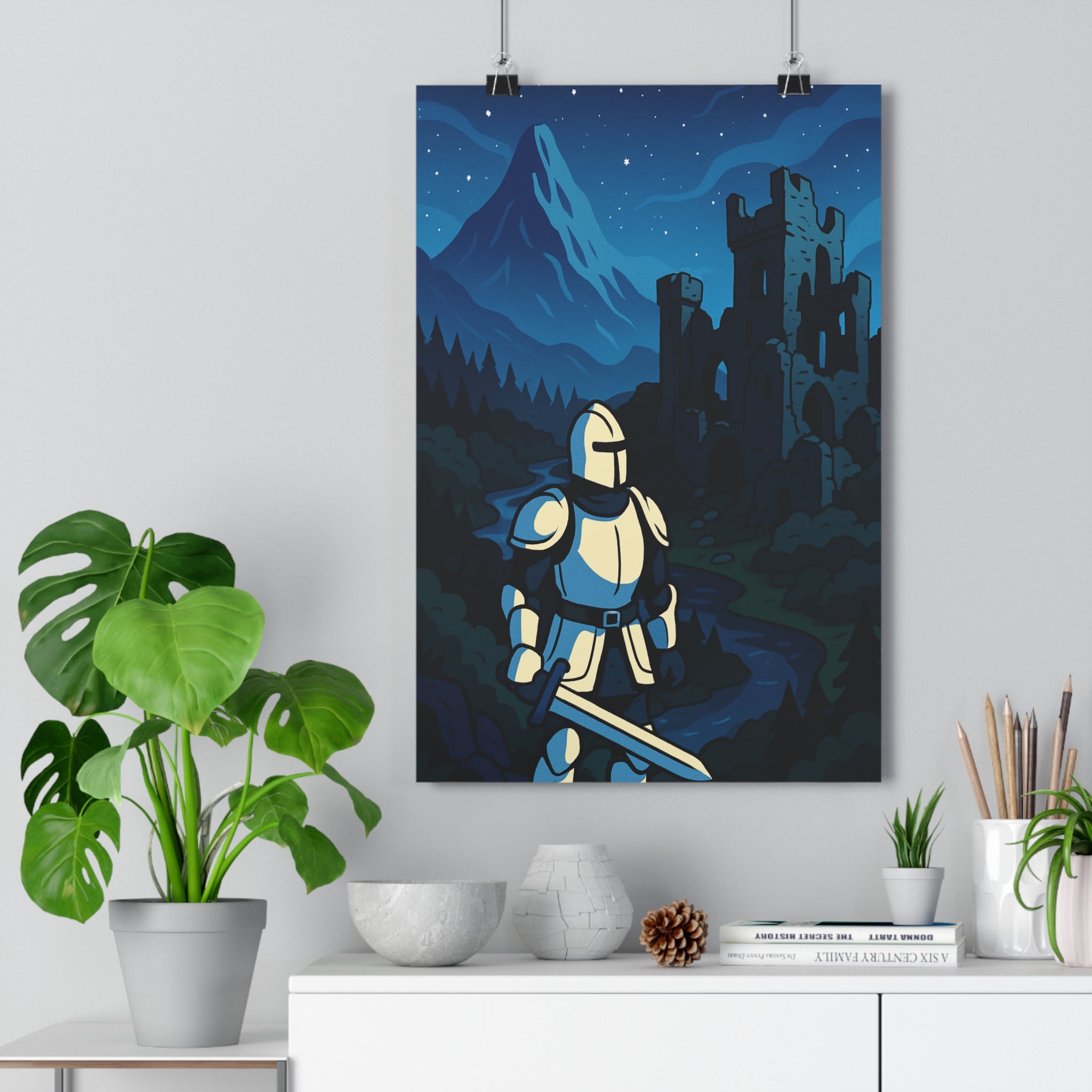 Poster décoratif chevalier monochrome cartoon aventure mystique noir blanc château nocturne épique 30x46 cm