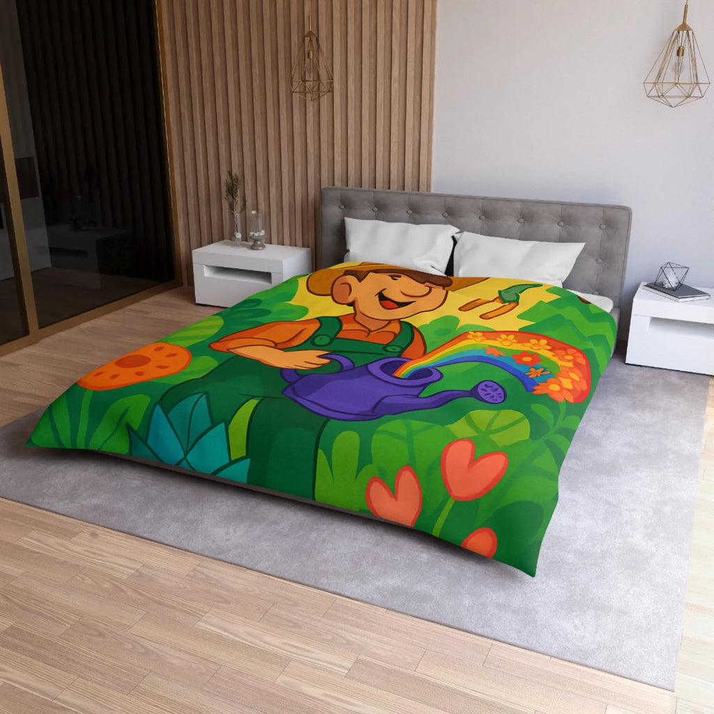 Housse de Couette Colorée avec Dessin Jardinier Arrosant des Fleurs et Arc-en-Ciel
