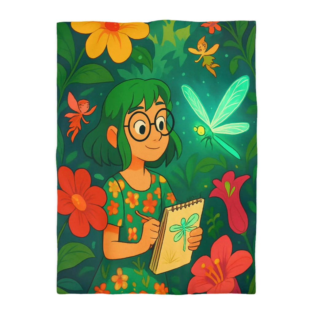 Housse de couette colorée avec fées et libellule dans un jardin enchanteur