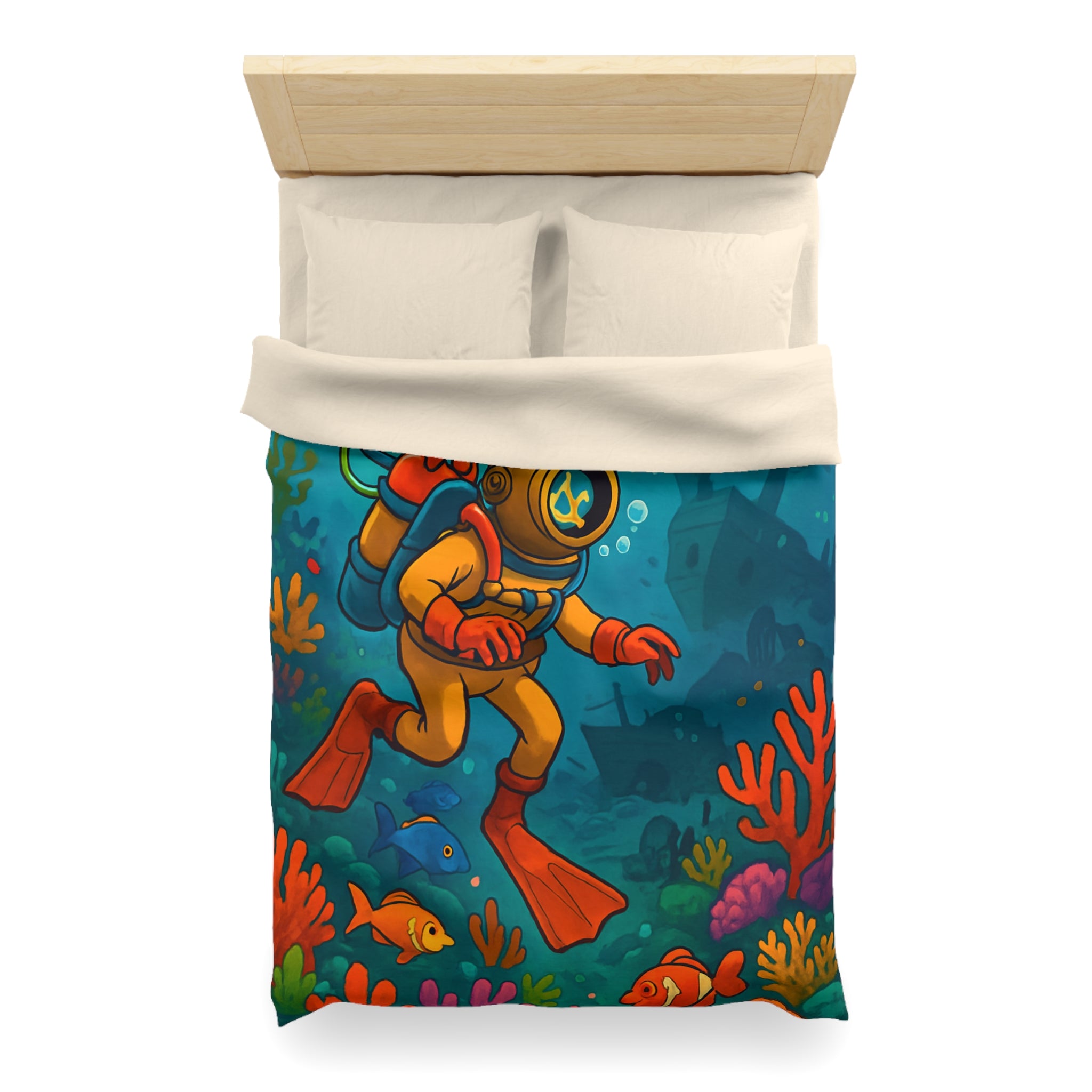 Housse de couette motif plongeur rétro dans un monde sous-marin coloré et mystérieux