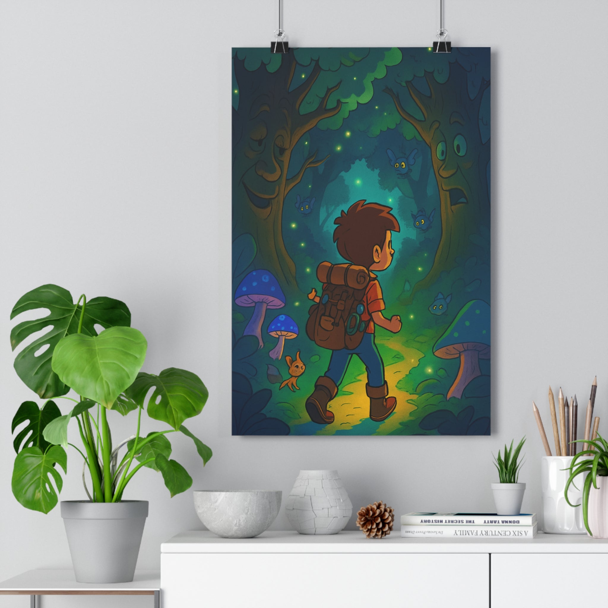 Poster décoratif féerique forêt enchantée vert lumineux enfant créature cartoon aventure magique chambre bureau