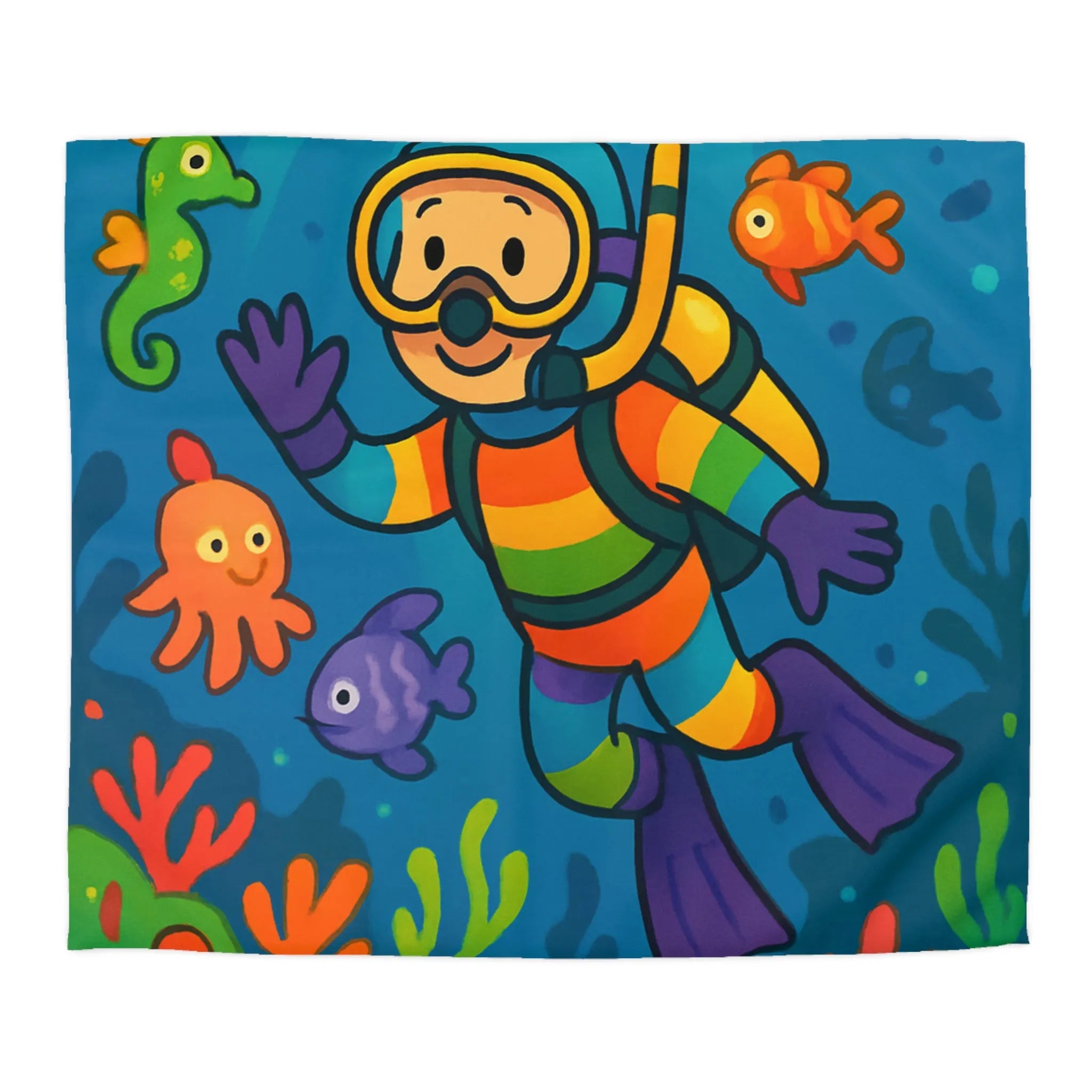 Housse de Couette Enfantin Illustrée avec Plongeur Joyeux et Récif de Corail Coloré