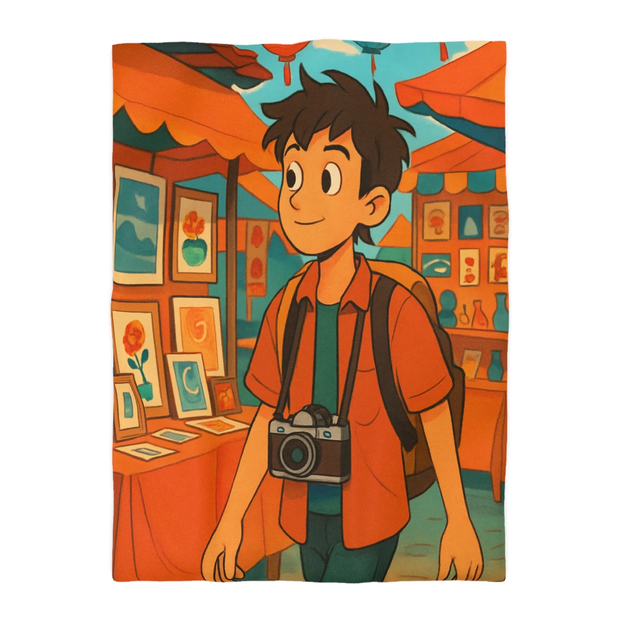 Housse de couette animée avec jeune explorateur et marché aux lanternes colorées