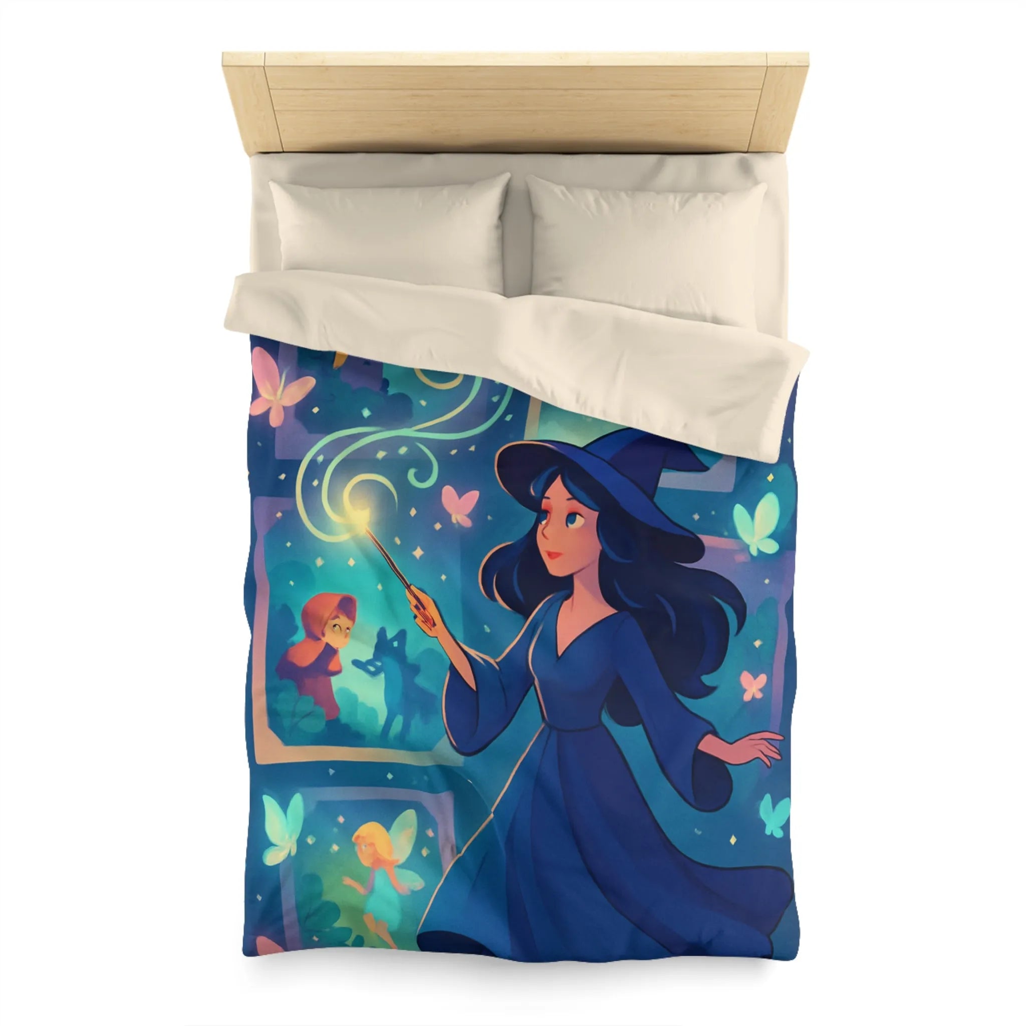 Housse de couette féérique avec sorcière et papillons dans un univers enchanteur pour enfants