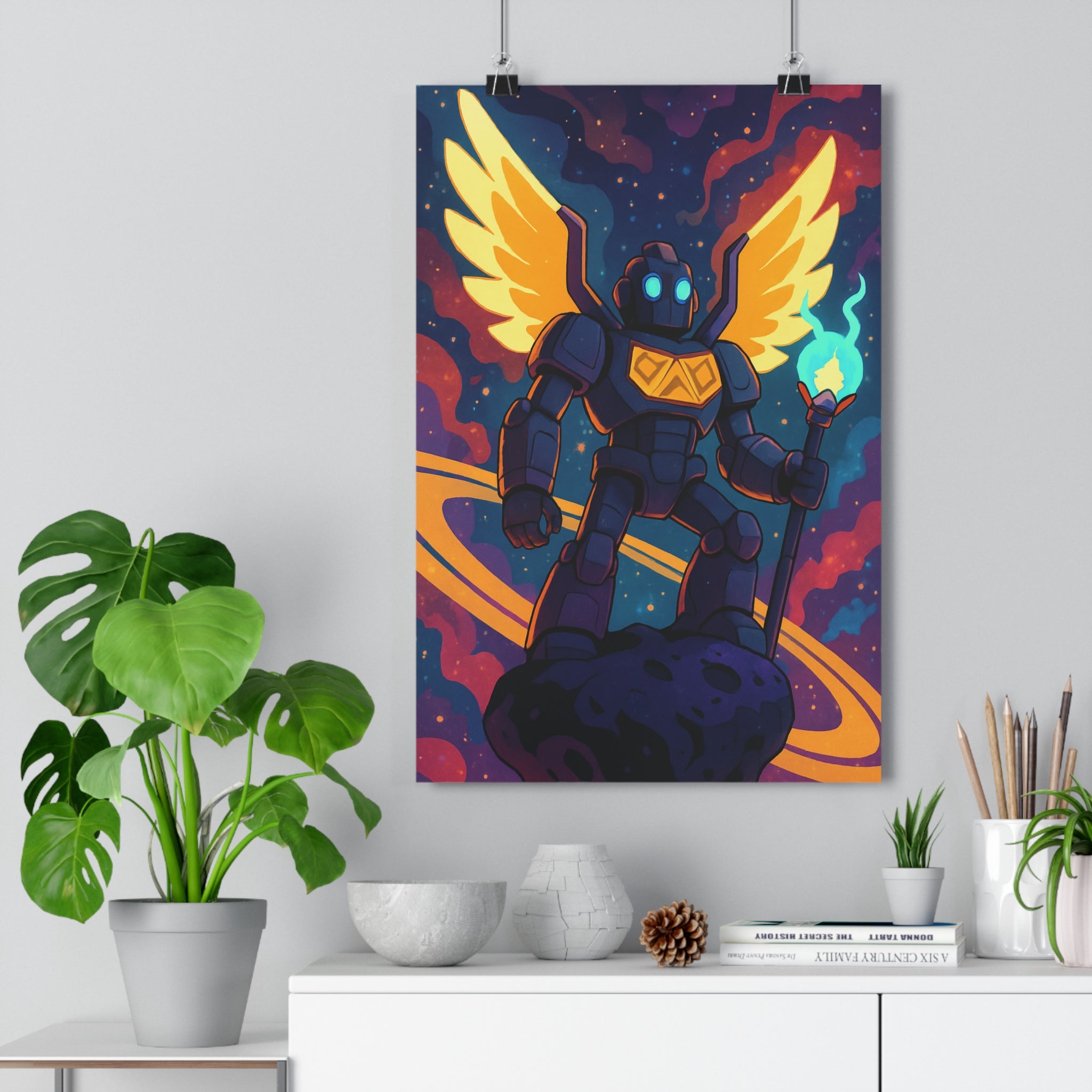 Poster décoratif futuriste or bleu violet mystique enfant chambre cosmos robot ailes lumière qualité