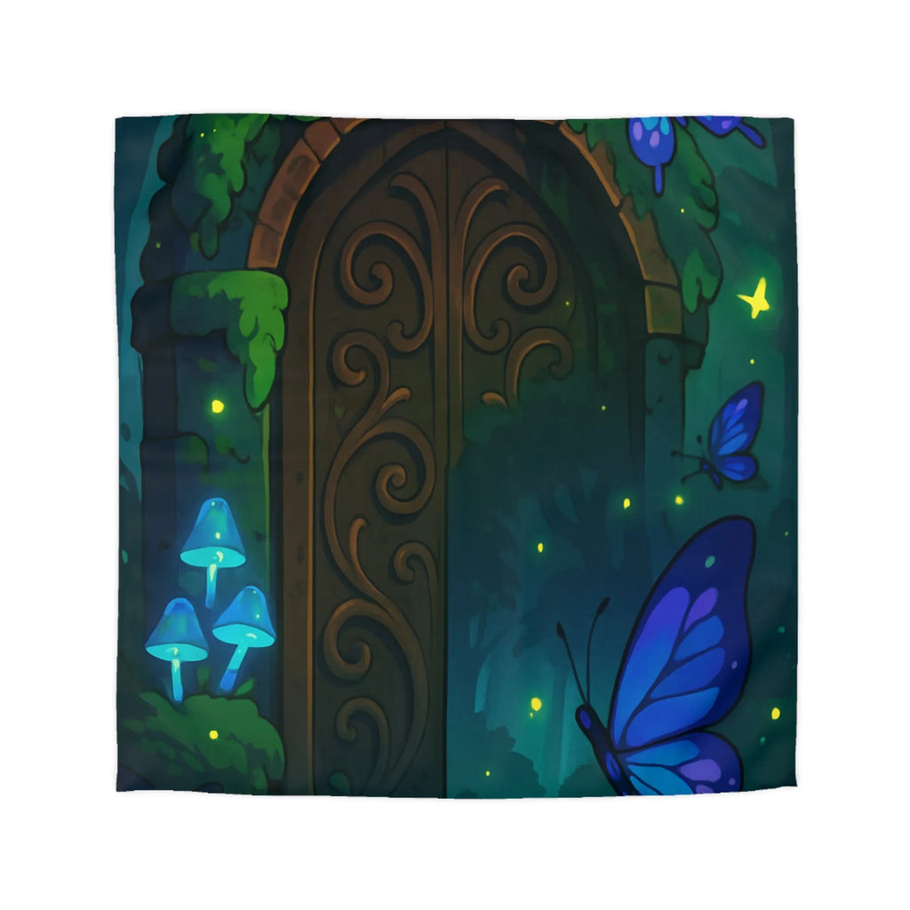 Housse de couette magique bleu papillons et porte en bois mystérieuse forêt enchantée